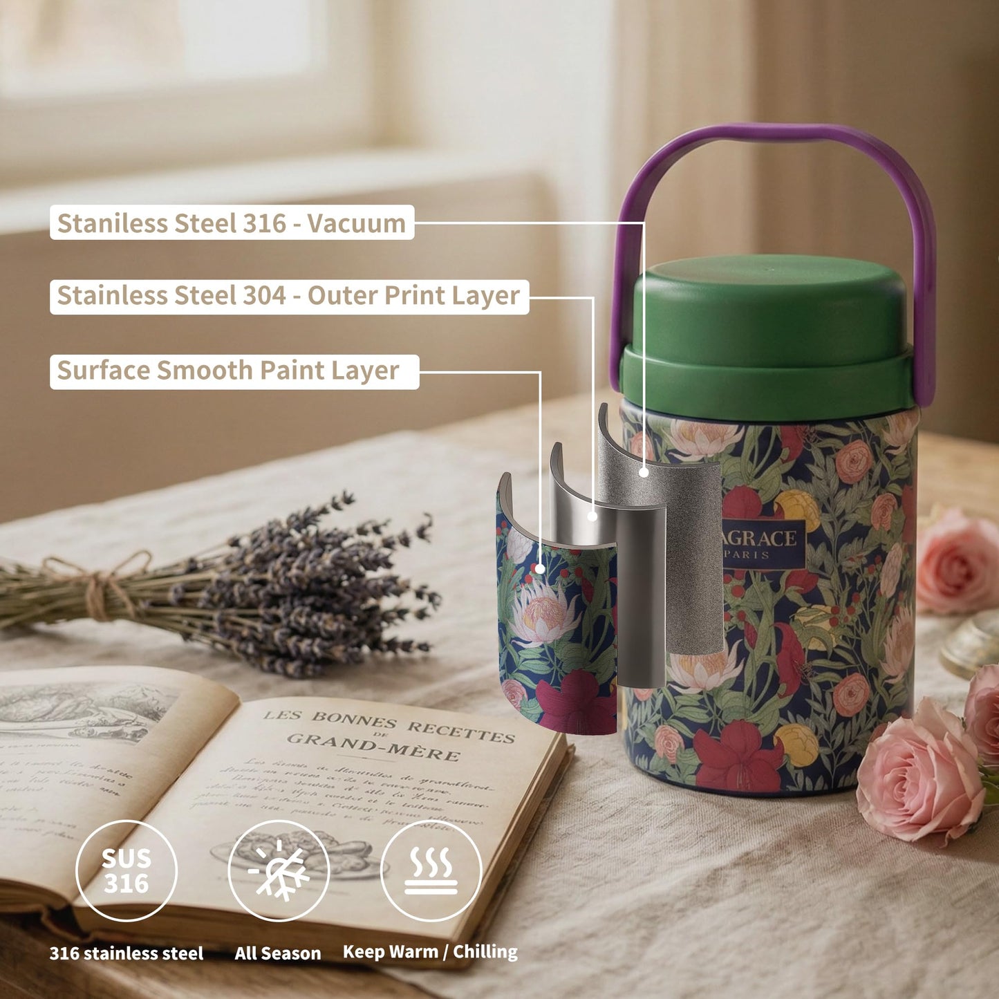 MAGRACE Vaccum Insulated Food Jar - Boho Floral Thermal Lunch Container for Office Outdoor Hot & Cold Meals, Wide Mouth Thermo for Adult, W/Foldable Spoon (Pastoral)