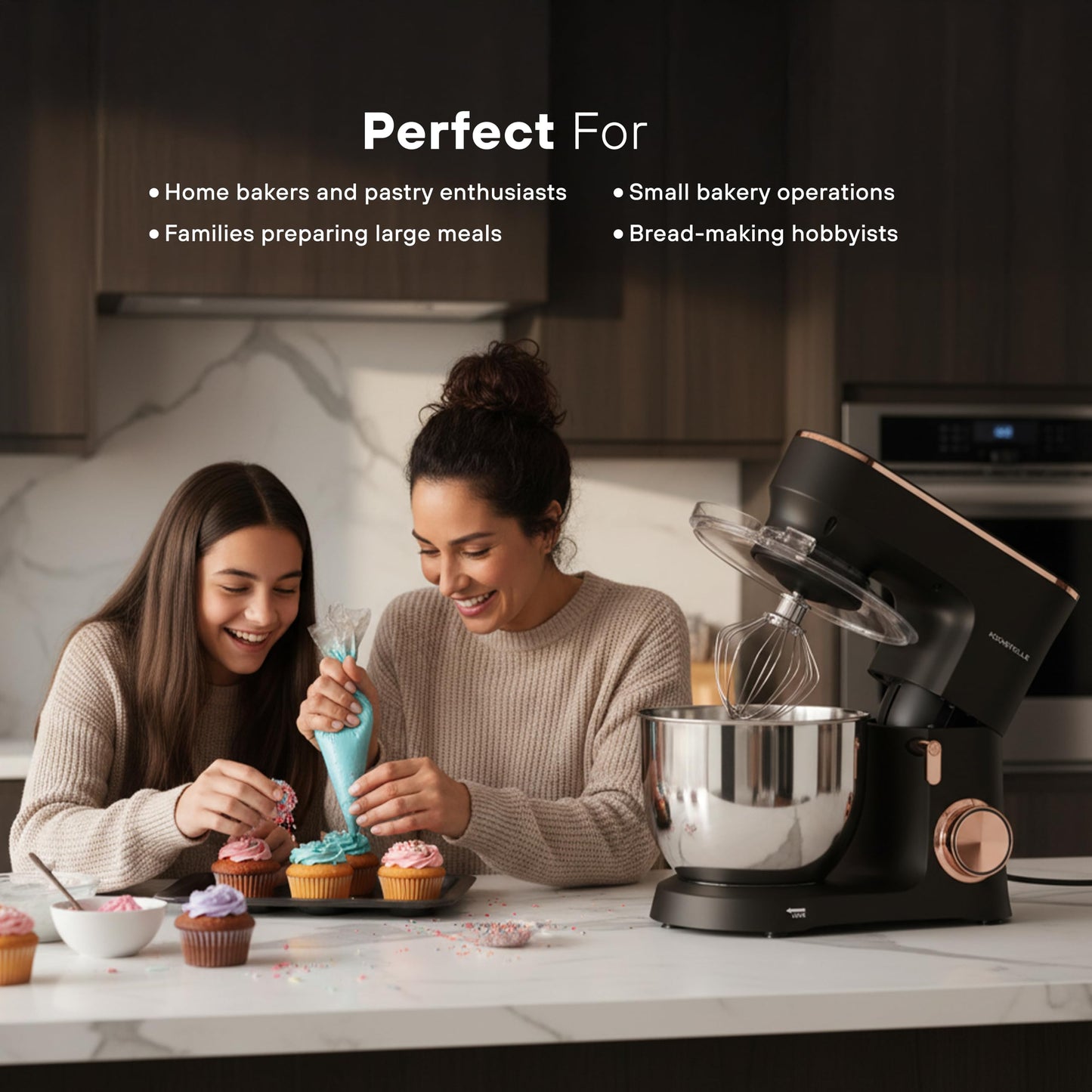 KOCHSTELLE Black Electric Stand Mixer 6.8 Quart Qt, 660W, 6-Speed Adjustable, Stainless Steel Planetary, Portable, Compact & Elegant Kitchen Mixer for Baking & Cooking