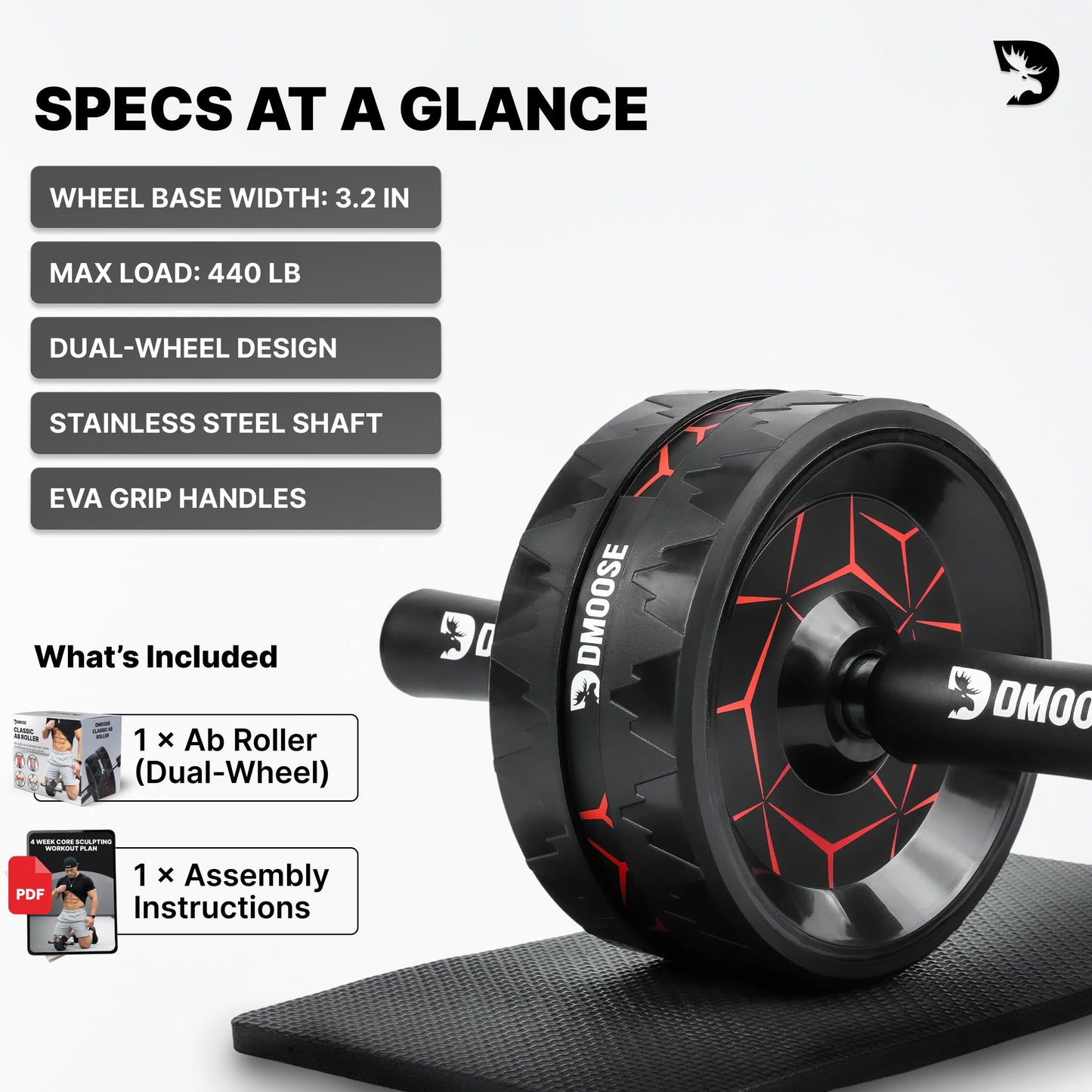 DMoose Fitness Ab Roller Wheel for Core Strength Training - 3.2 Inch Dual-Wheel Ab Wheel Roller, 440lb Stainless Steel Shaft, Non-Slip EVA Handles, Abdominal Workout Equipment for Home Gym Men & Women