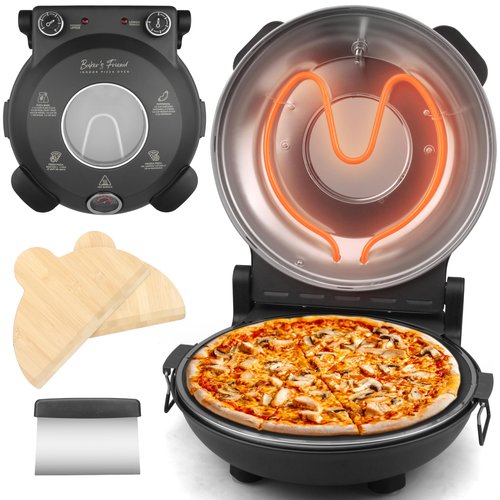 Baker’s Friend Electric Pizza Oven Indoor Countertop, 12 Inch Pizza Maker Machine for Home, Pizza Cooker & Pizza Grill, Premium Glazed Ceramic Stone Pizza Oven, Graphite Gray