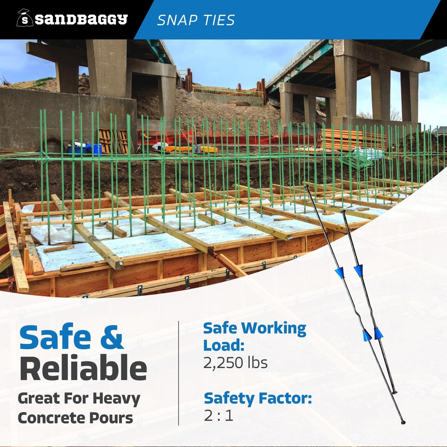 8" Standard Snap Ties for Concrete Forms - 1" Plastic Cones, Integral Heads - 2:1 Safety Factor, 2,250 lbs Working Load - 4 Gauge Steel (Long End - 8.25", 100) - 1 Year Warranty