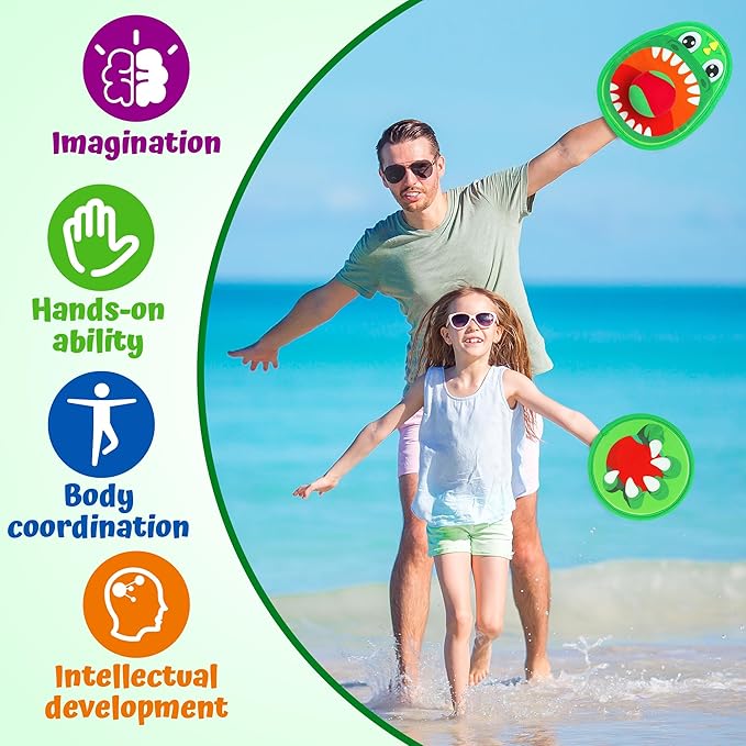 Big Dinosaur Toss and Catch Ball Set, Catch Game Outdoor Toys for Kids and Toddler, Backyard Lawn Games Pool Beach Toys with 4 Rackets, 4 Balls, 1 Drawstring Bag