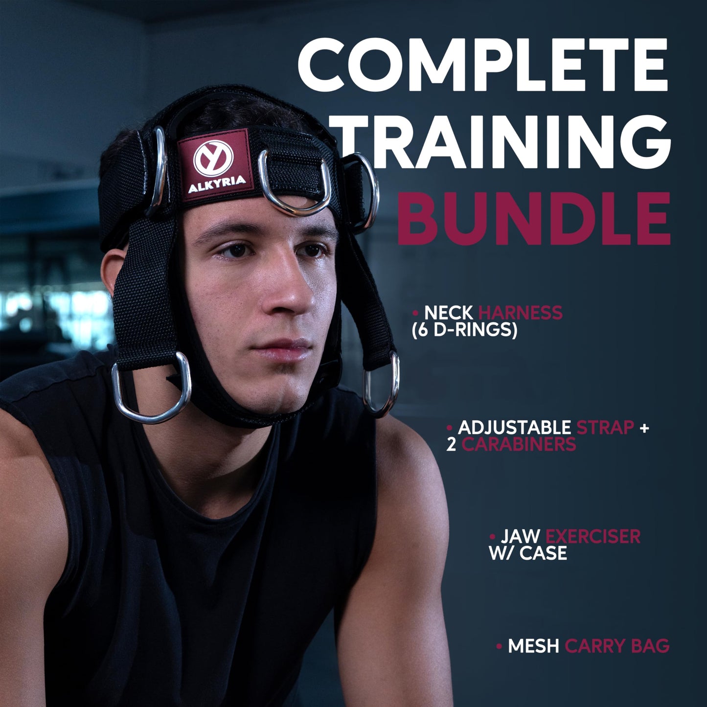 ALKYRIA Neck Harness Weight Lifting Trainer - Adjustable Neck Exerciser & Strengthener for Gym, Boxing, and Home Training - Padded Head Harness with Bonus Jaw Exerciser & Mesh Bag
