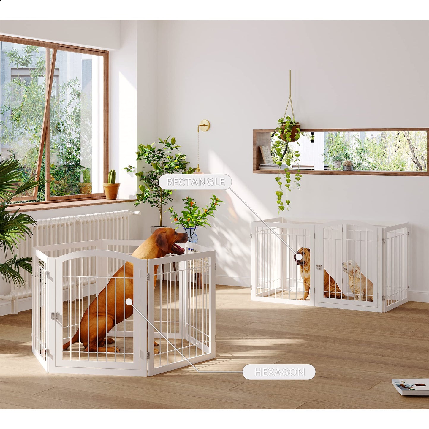 JSB 144-inch Extra Wide 30-inch Tall Dog gate with Door Walk Through, Freestanding Pet Gate for Halls, Stairs & Home, Pet Puppy Safety Dog Fence with 2PCS Support Feet (White)