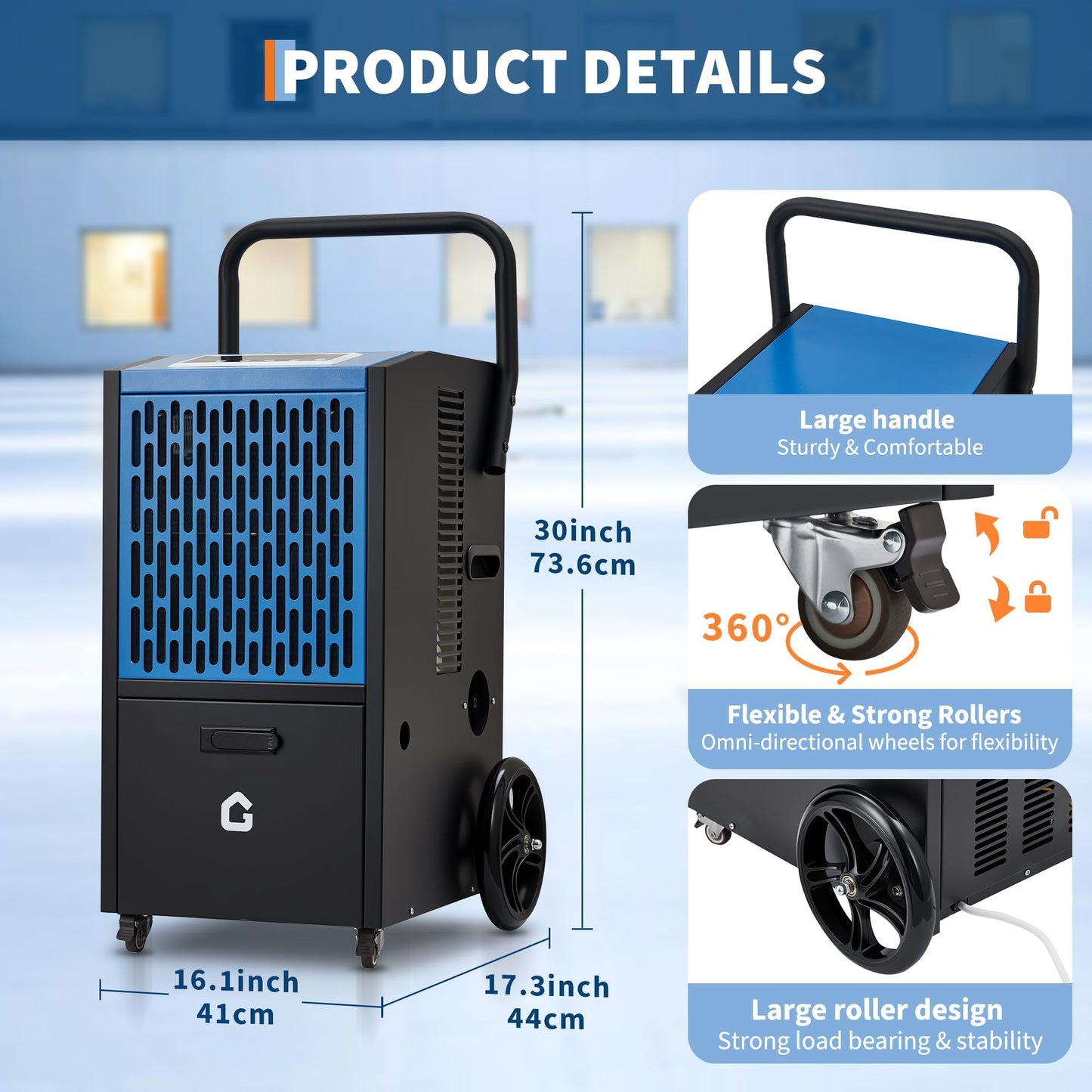 105 Pints Commercial Dehumidifier, Drain Hose, Timer, 4 Wheels, Large Capacity Dehumidifier for Basement, Ideal for Flood Repair, Warehouse, Factory, 110V/60Hz/520W, US Standard