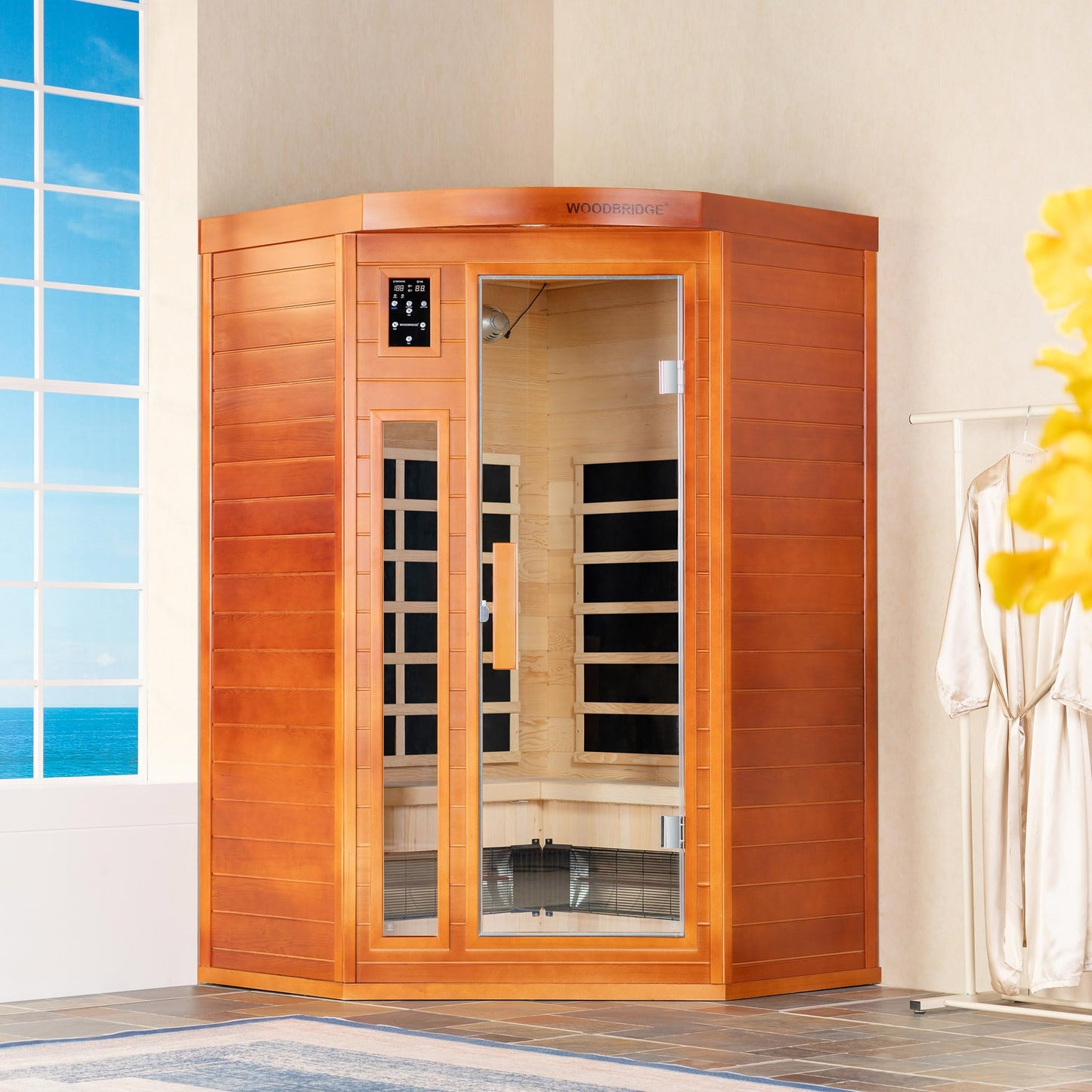WOODBRIDGE Infrared Sauna Room 2 Person Japanese Cedar Indoor Corner Sauna with 7 Carbon Heaters, Red Light Therapy,Bluetooth Speaker,Intelligent Dual Control System,Tempered Glass,Exterior Brim Light