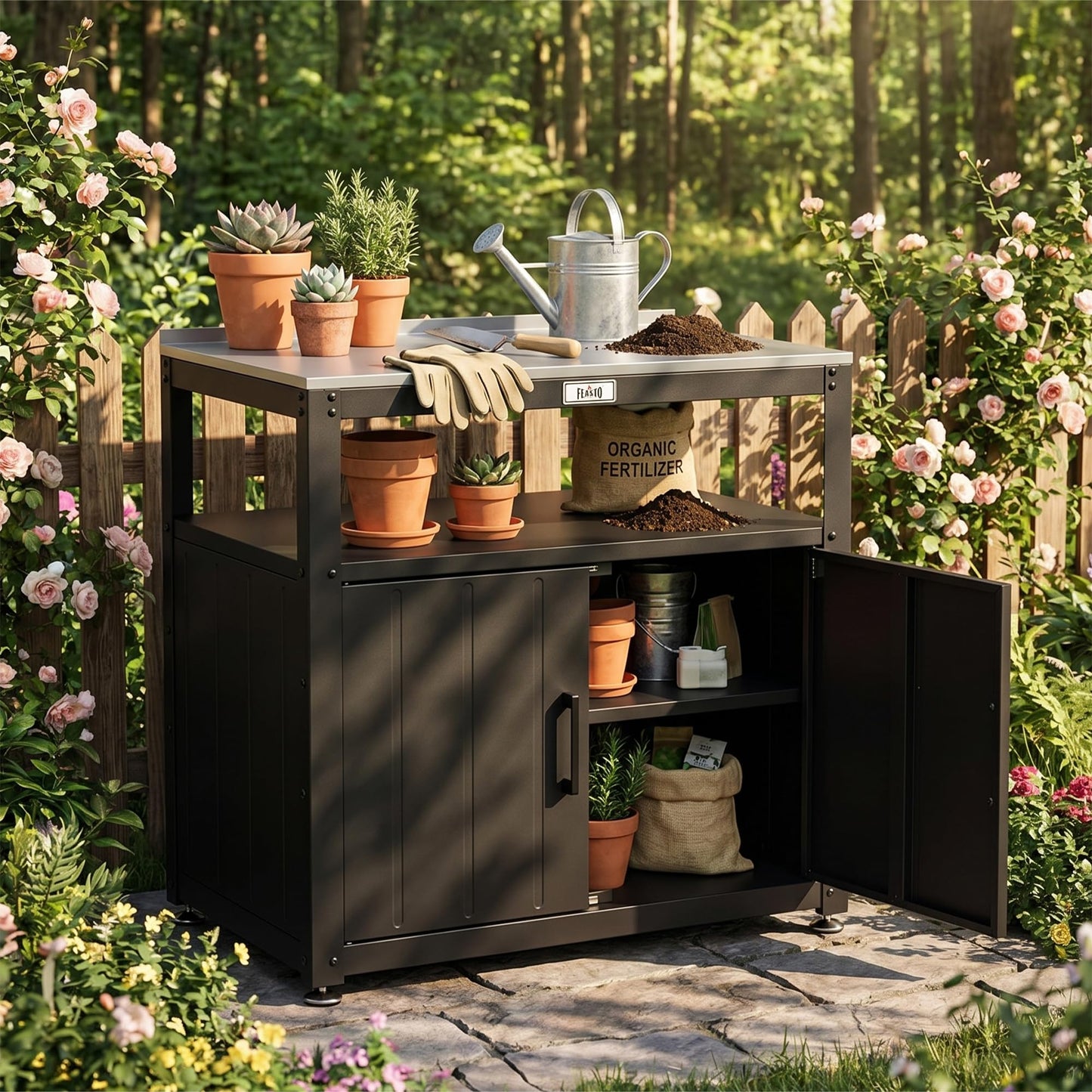 Feasto Outdoor Potting Bench with Storage, Stainless Steel Tabletop Garden Work Bench with Storage Cabinet & Removable Inner Shelf for Patio Lawn Outdoor Gardening