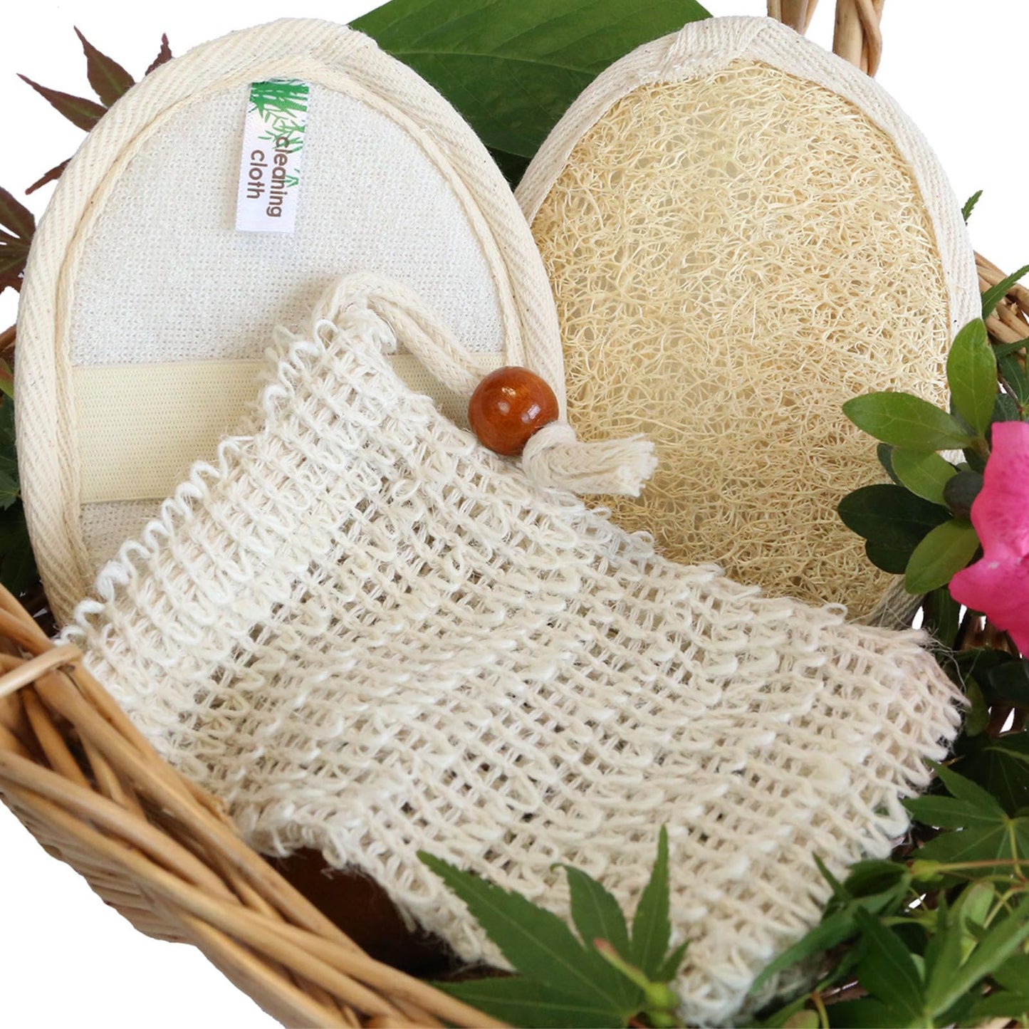 JouiiSiYa Natural Loofah Back Scrubber for Shower for Men and Women, Exfoliating Loofah Sponge with Soap Saver (2Pads+1Bag)