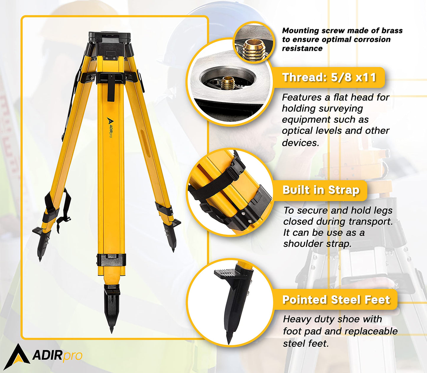AdirPro Universal Survey Tripod – Wood/Fiberglass Laser Level – Transit Level - Quick Clamp - Heavy Duty Contractor