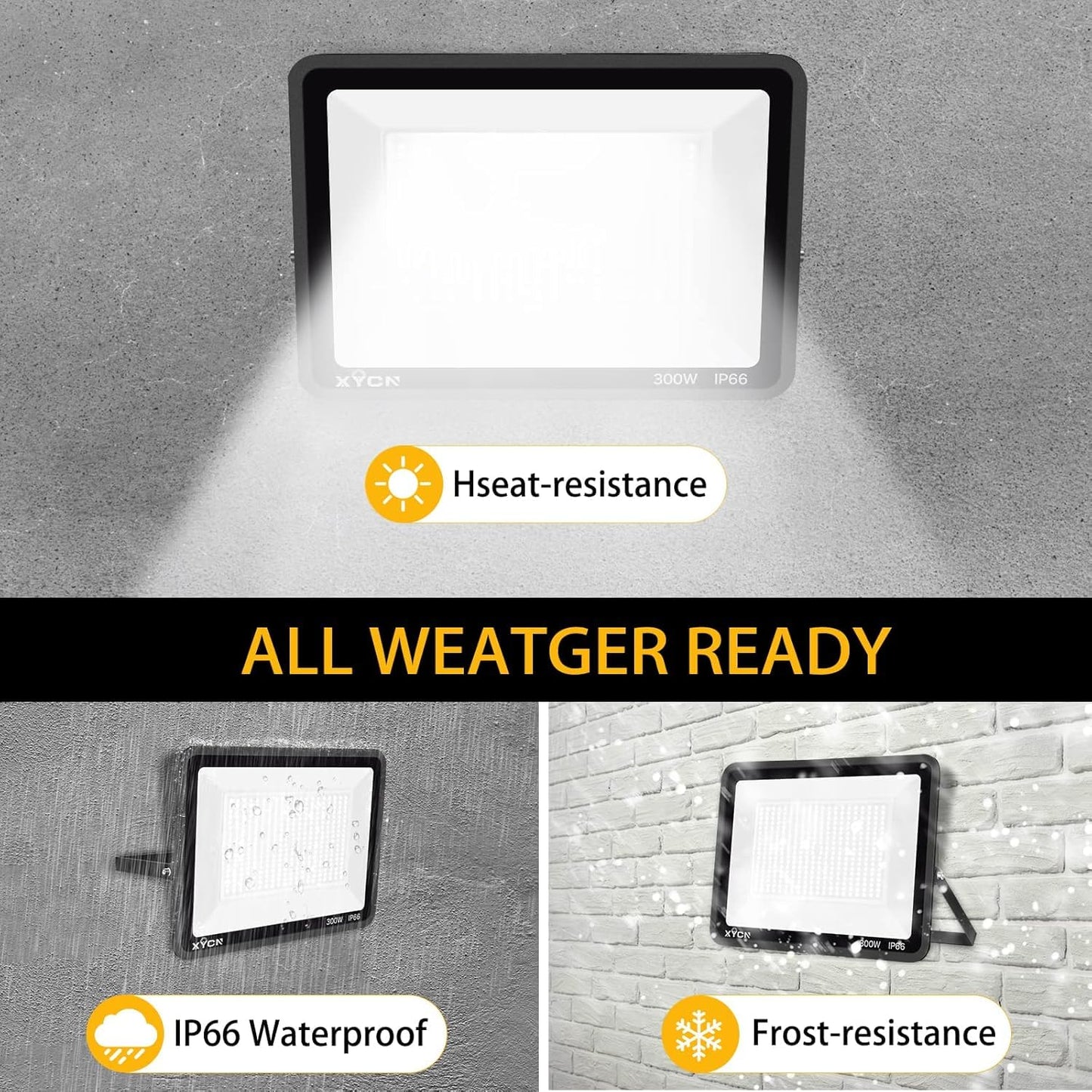 XYCN 3 pack 300W LED Flood Light,Super Bright Daylight (2000W Equivalent)42,500LM 5000K IP66 Waterproof Security Outdoor LED Arena Lights Commercial Lighting Floodlight for Backyard|Court|Stadium|Yard