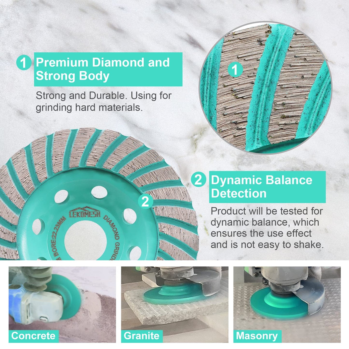 LEKOMESH Diamond Core Drill Bits Set 7pcs Tile Hole Saw Kit for Porcelain Tile Ceramic Marble Brick Concrete with 5/8"-11 Thread and LEKOMESH Diamond Grinding Cup Wheel