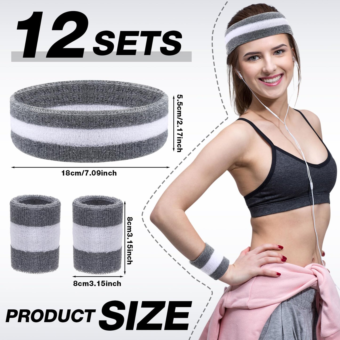Eurzom 36 Pcs Neon Sports Sweatbands Set Include 12 Striped Sweat Absorbing Headbands 24 Wrist Sweatbands Cotton Wristbands for Men Women Gym Tennis(Grey, White)