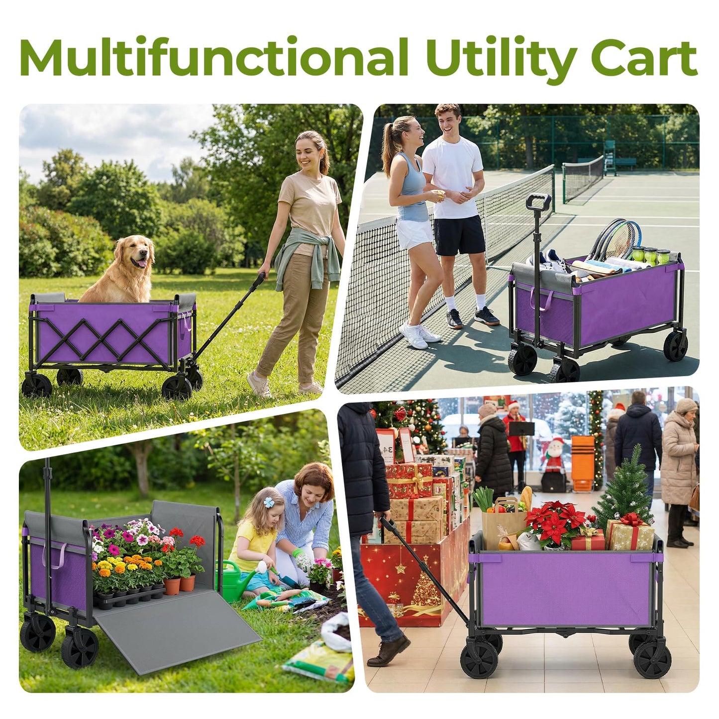 Aimnny Wagons Carts Foldable, Lightweight Collapsible Utility Wagon-220LBS Capacity One-Side Full Zipper, Side Load No Lifting for Light Camping, Grocery, Shopping, Sports & Apartment Moving (Purple)