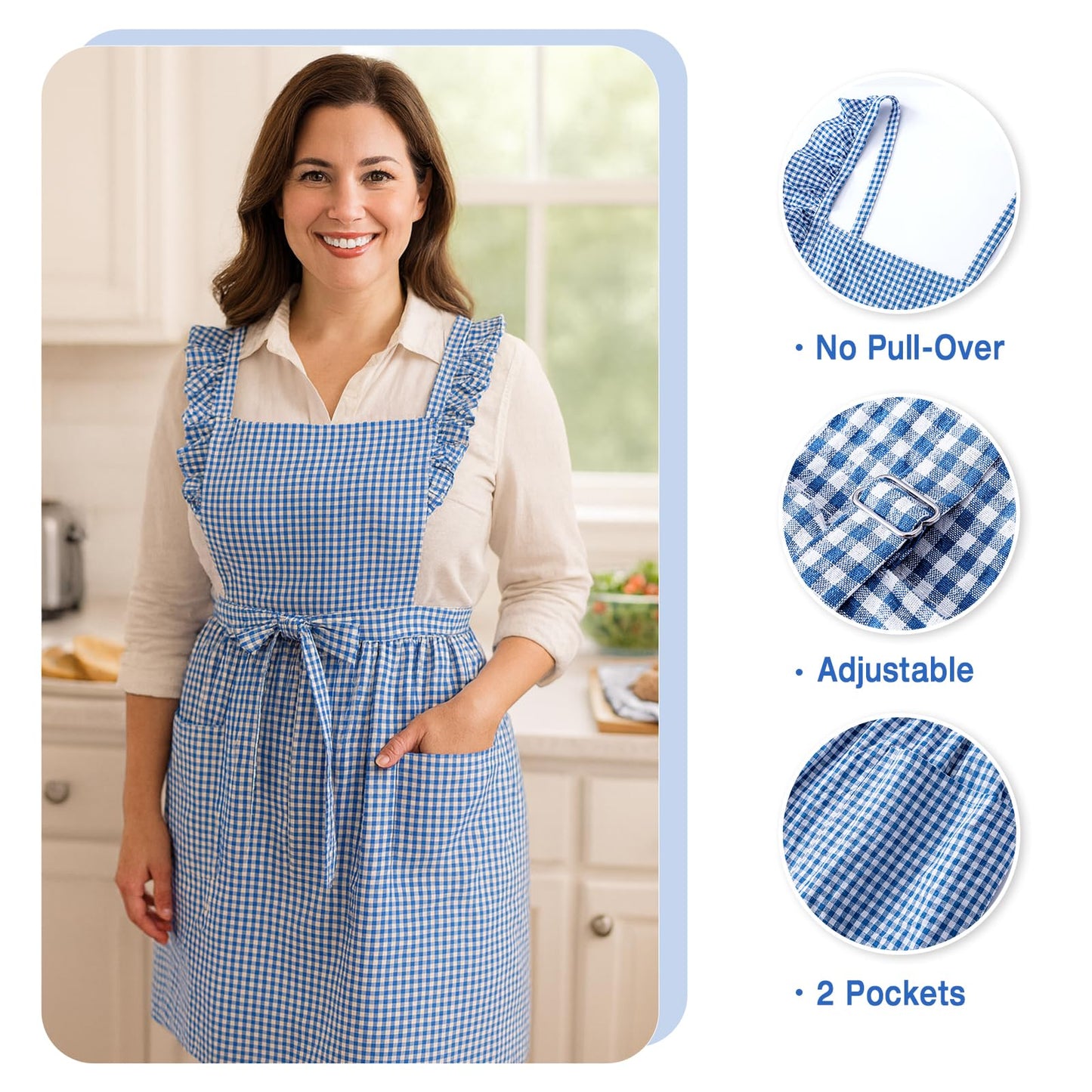 SeedBySea Vintage Gingham Apron for Women, Ruffle Straps, 2 Pockets, Cross Back, Soft Cotton, Apron Dress Style for Cooking & Baking
