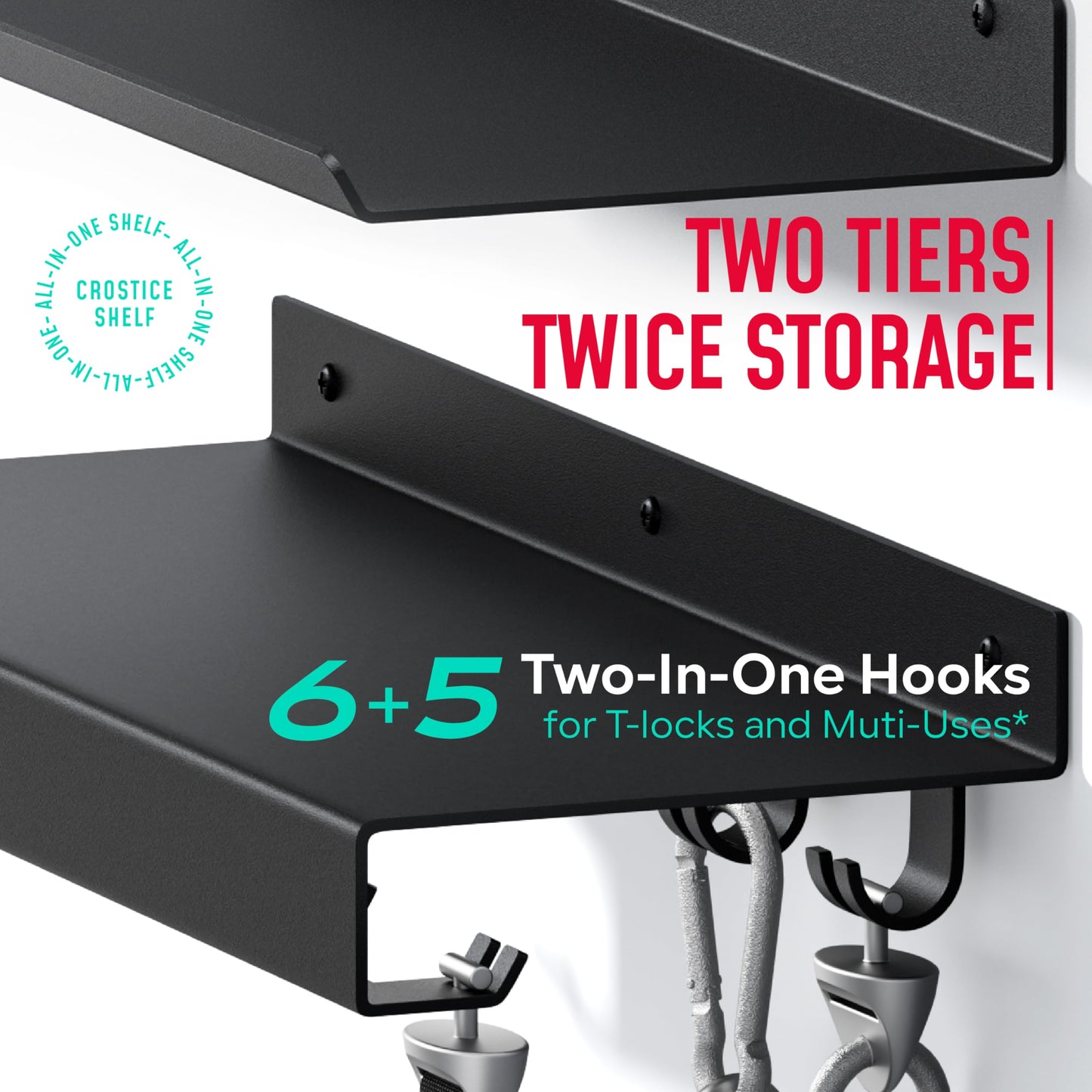 Crostice 2-Tier Metal Shelf Compatible with Tonal Accessories, Floating Shelf Organizer for Home Gym Storage, T-Locks Adapter Bracket Hanger, Gym Rack Wall Mounted with Hooks, Workout Storage Holder