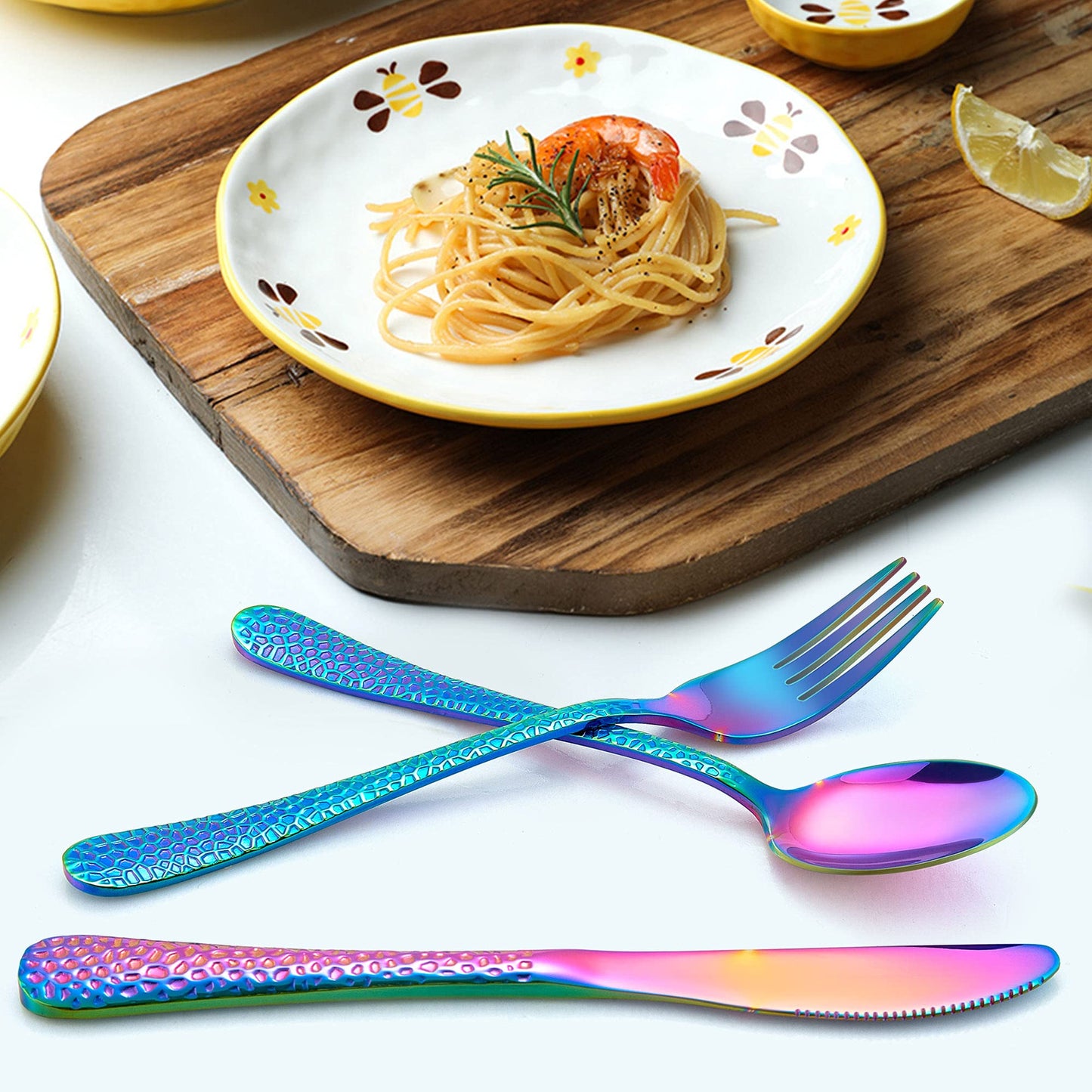 LIANYU 12-Piece Rainbow Kids Silverware Set, Stainless Steel Toddler Utensils, Hammered Preschooler Metal Flatware Cutlery Set, Children Tableware Includes Knives Forks Spoons, Dishwasher Safe