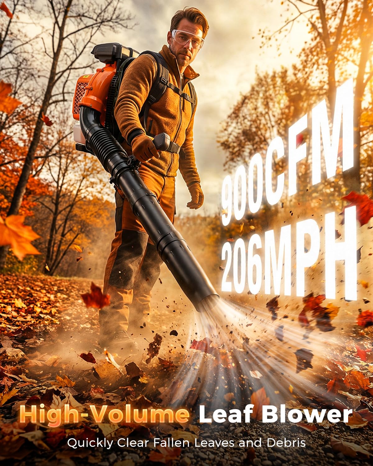 80cc Gas Backpack Leaf Blower, 900CFM 206MPH 2-Stroke Engine, Heavy-Duty Leaf & Snow Blower for Lawn, Garden & Commercial Use (Orange)