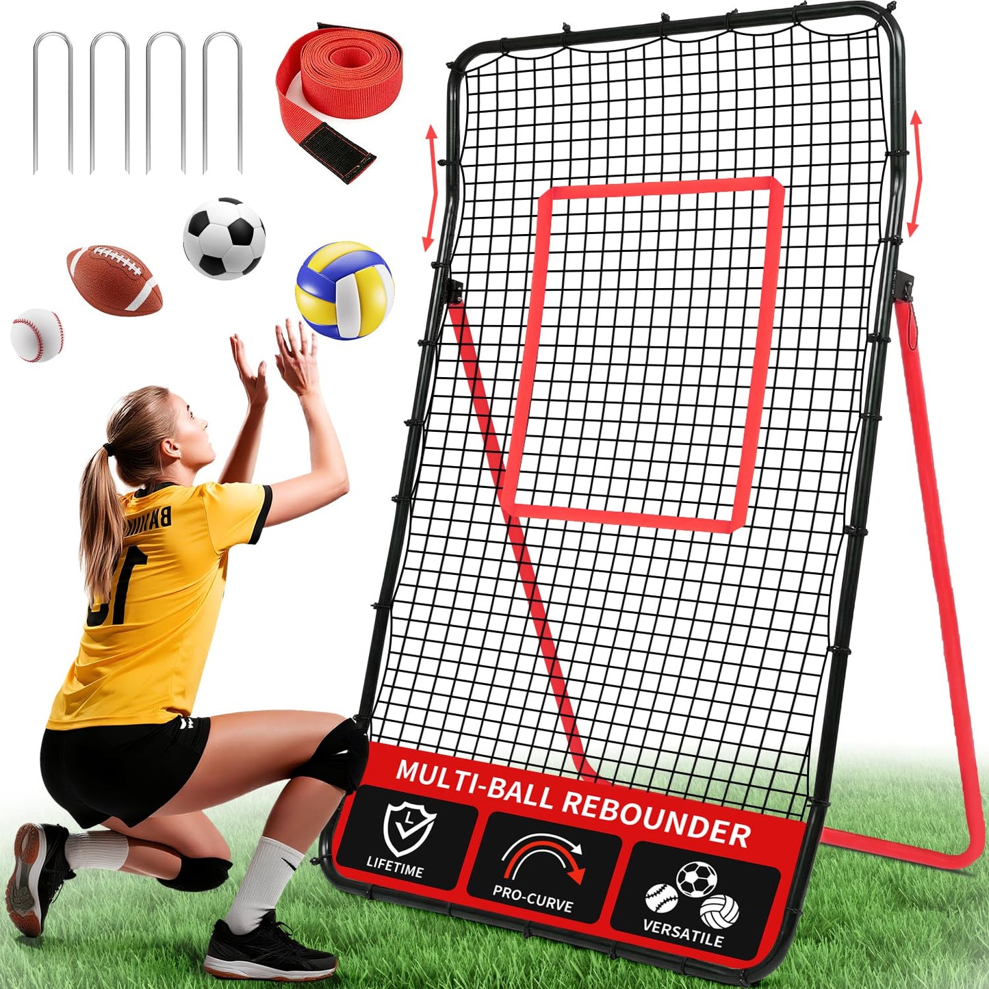 BAGAIL Volleyball Rebounder Net 7x4 Ft, Bounce Back Training Equipment with Unique Curved Frame for Better Catching, 5 Adjustable Angles for Volleying & Spiking, Easy Set Up & Sturdy Base - Red
