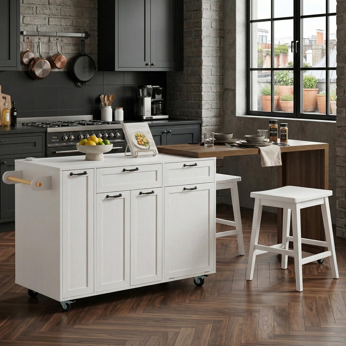 Casaphoria 102.3" Extendable Kitchen Island on Wheels, Rolling Kitchen Cart with Tilt-Out Trash Can Cabinet & 3-Tier Spice Rack, Mobile Drop Leaf Dining Table Prep Station for Small Spaces, White