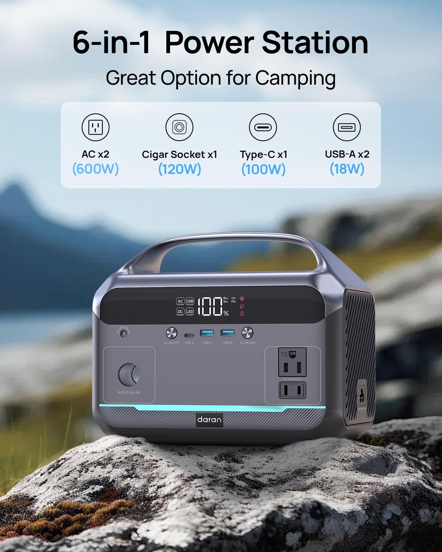 DaranEner Portable Power Station 600W with Bag, 288Wh (90,000mAh) LiFePO4 Battery Backup, 2×600W (1200W Surge) AC Outlets, 2.2H Fast Recharge, Solar Generator for Camping, RV, Travel, Home Emergency