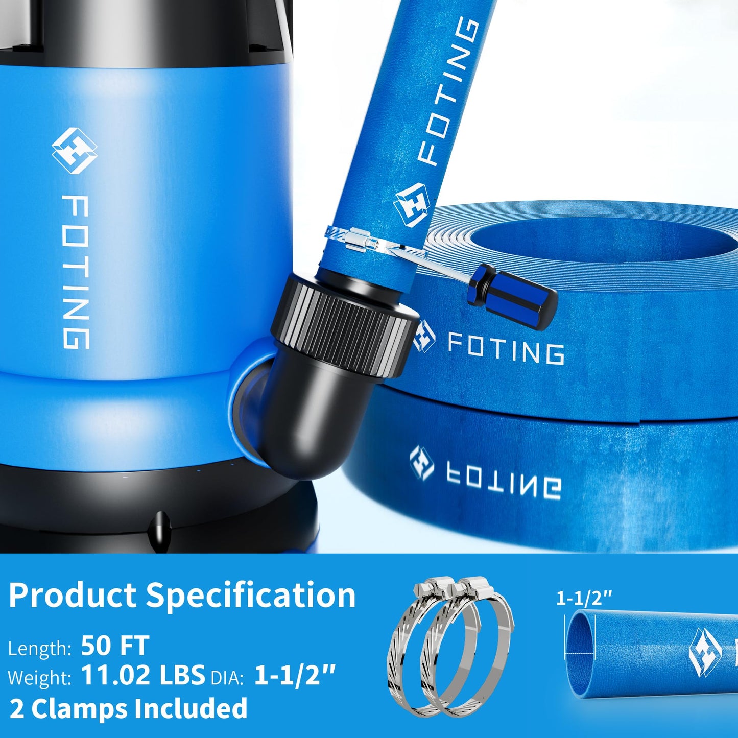 FOTING Sump Pump with 50FT Pool Backwash Hose 1-1/2 IN, 1HP Clean/Dirty Submersible Water Pump, 4600GPH Utility Pump Thermoplastic Electric Portable Transfer Water Pump for Swimming Pool Garden Pond B