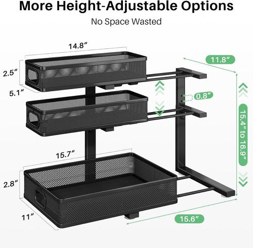 Kitstorack Under Sink Organizer - 3-Tier Height Adjustable Metal Pull-Out Shelf | 2-Pack for Bathroom & Kitchen Storage