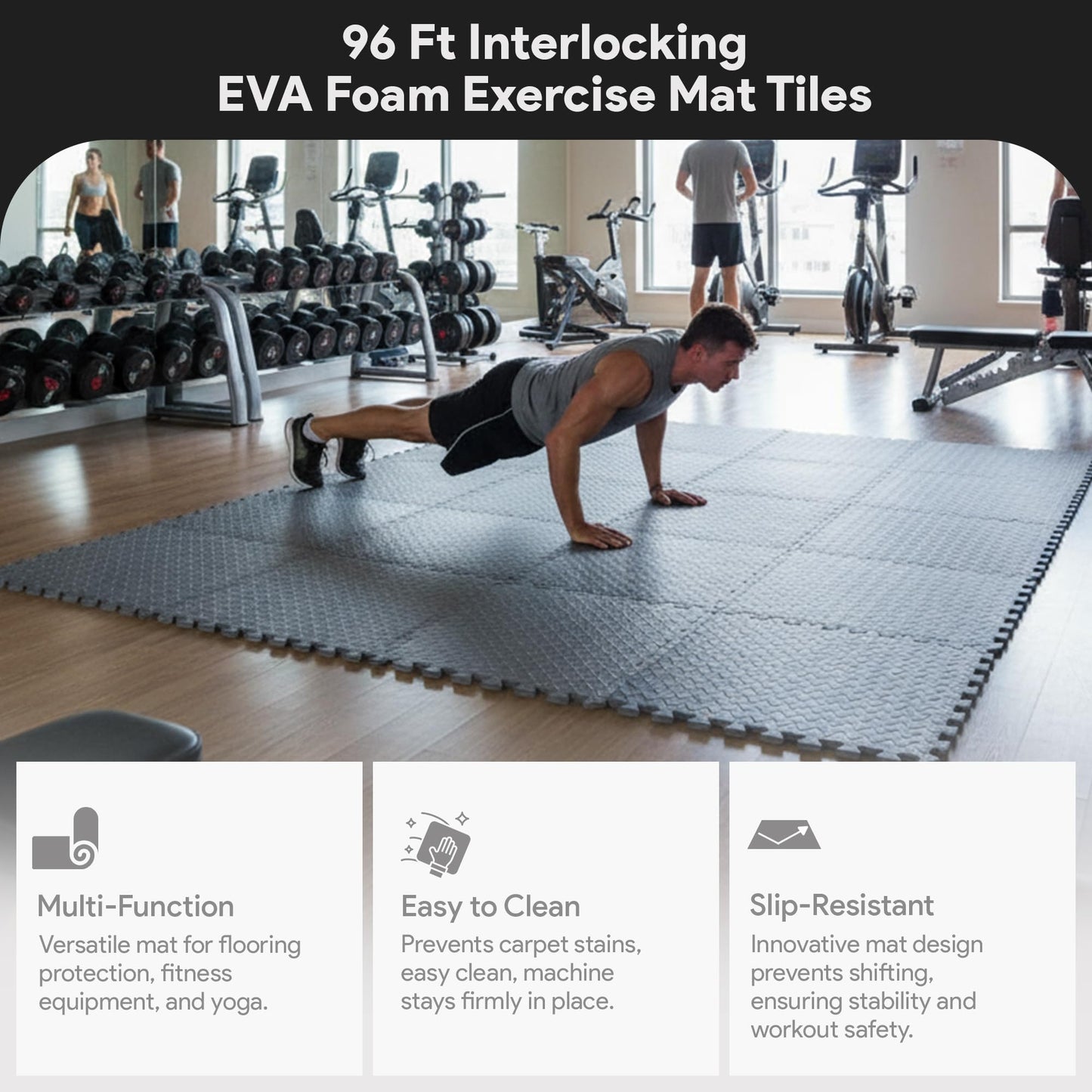 BalanceFrom Puzzle Exercise Mat 3/4" Thick, EVA Interlocking Foam Floor Tiles for Home Gym, Mat for Home Workout Equipment, Floor Padding for Kids, Gray, 24 in x 24 in x 3/4 in, 96 Sq Ft - 24 Tiles