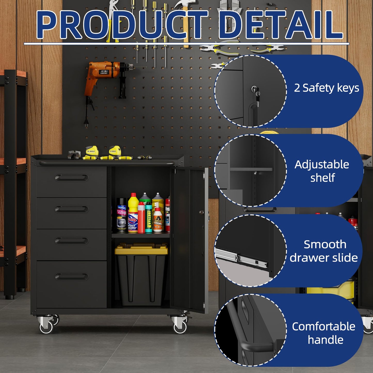 VIYET 2-Pack Rolling Garage Tool Cabinet,Heavy Duty Steel Rolling Tool Chest with Lockable Doors & Adjustable Shelves,Mobile Workshop Storage Cart for Garage Organization,Black