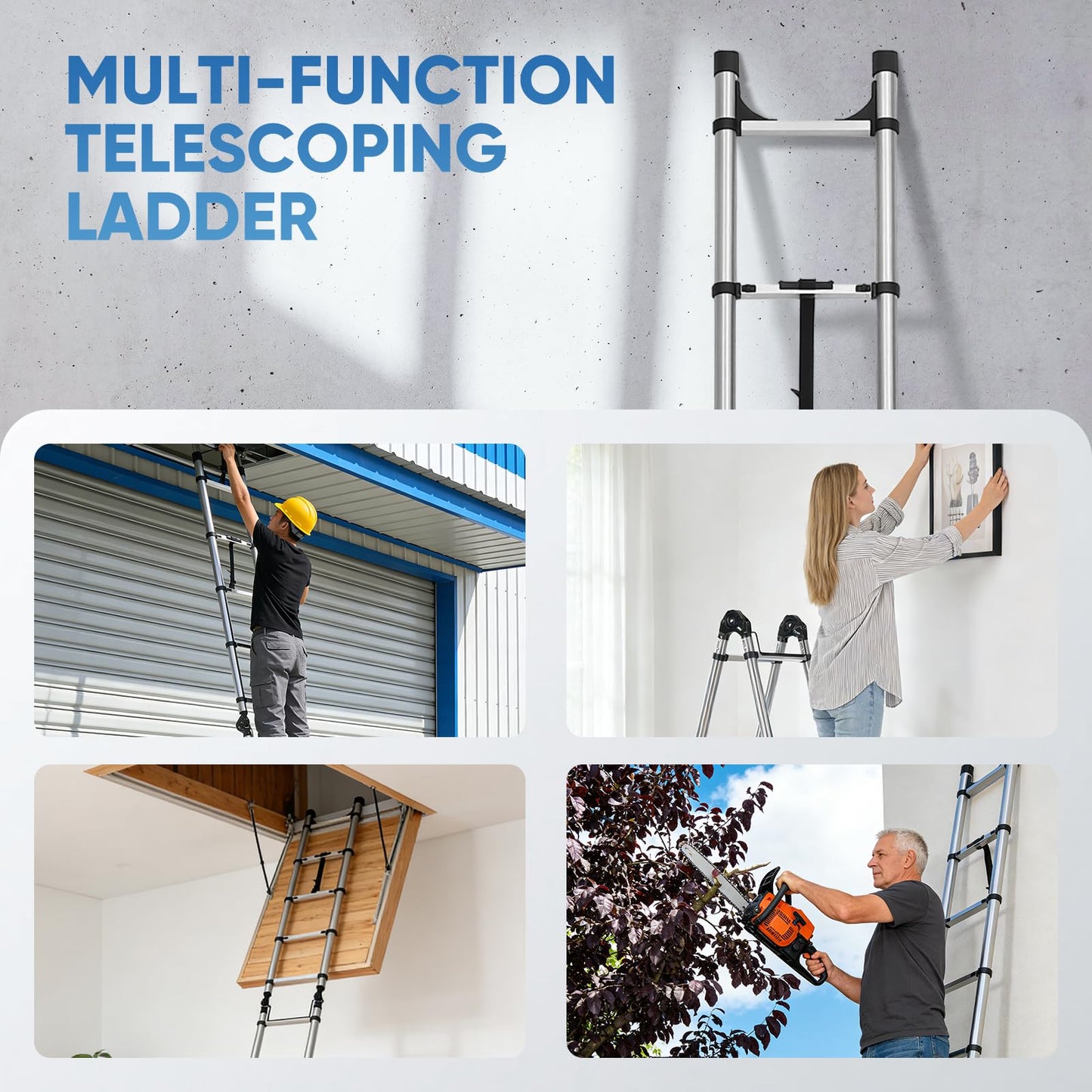 Telescoping A Frame Ladder 12.5 Ft, Collapsible Ladder with Hooks, Multi-Position Folding Step Ladder – Heavy Duty 330 lbs, Telescopic Extension Ladder for Home, RV, Roof, Travel, Storage