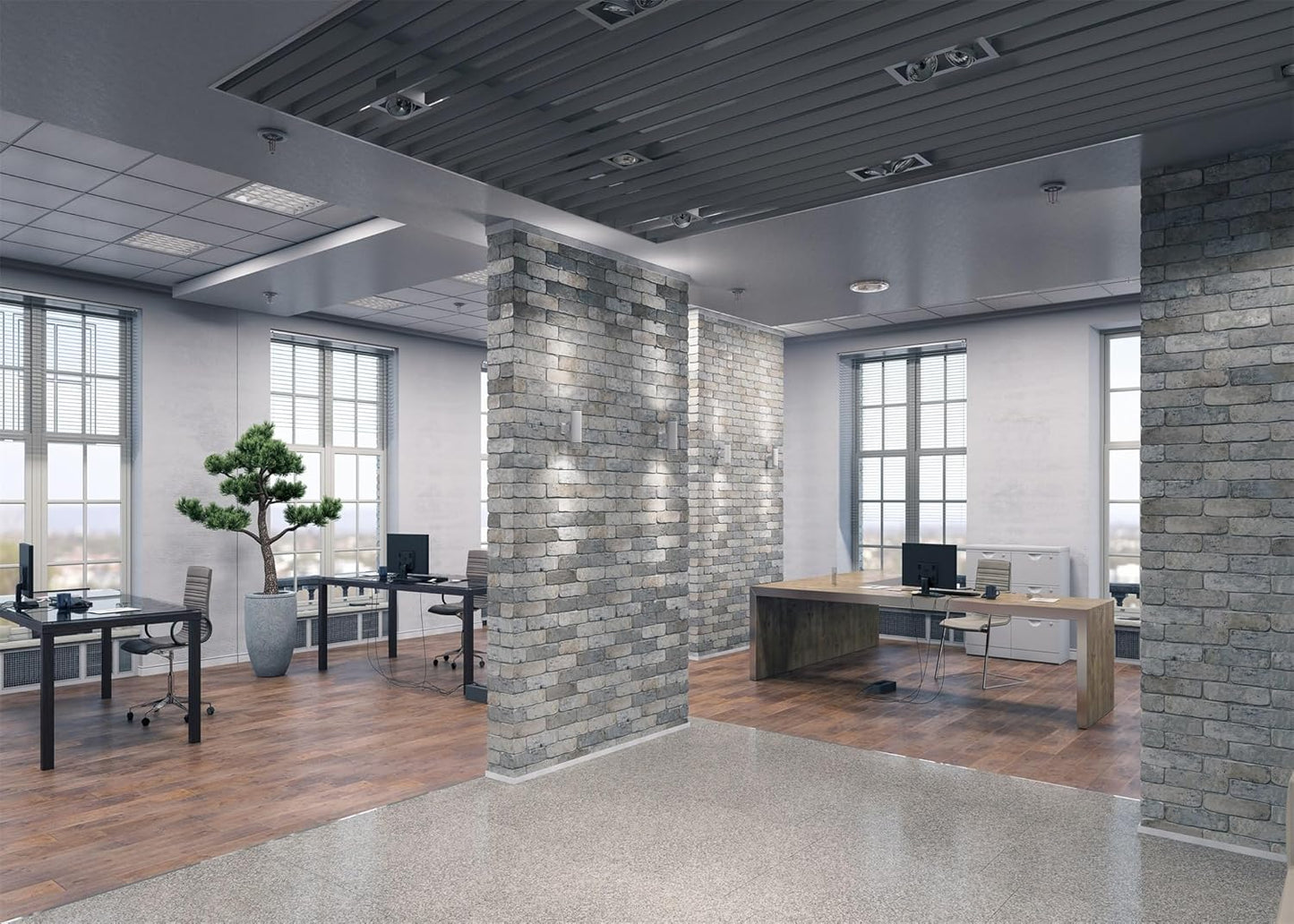 BELECO 7x5ft Fabric Modern Office Backdrop for Video Conference - Elegant Business Interior Brick Wall Windows Virtual