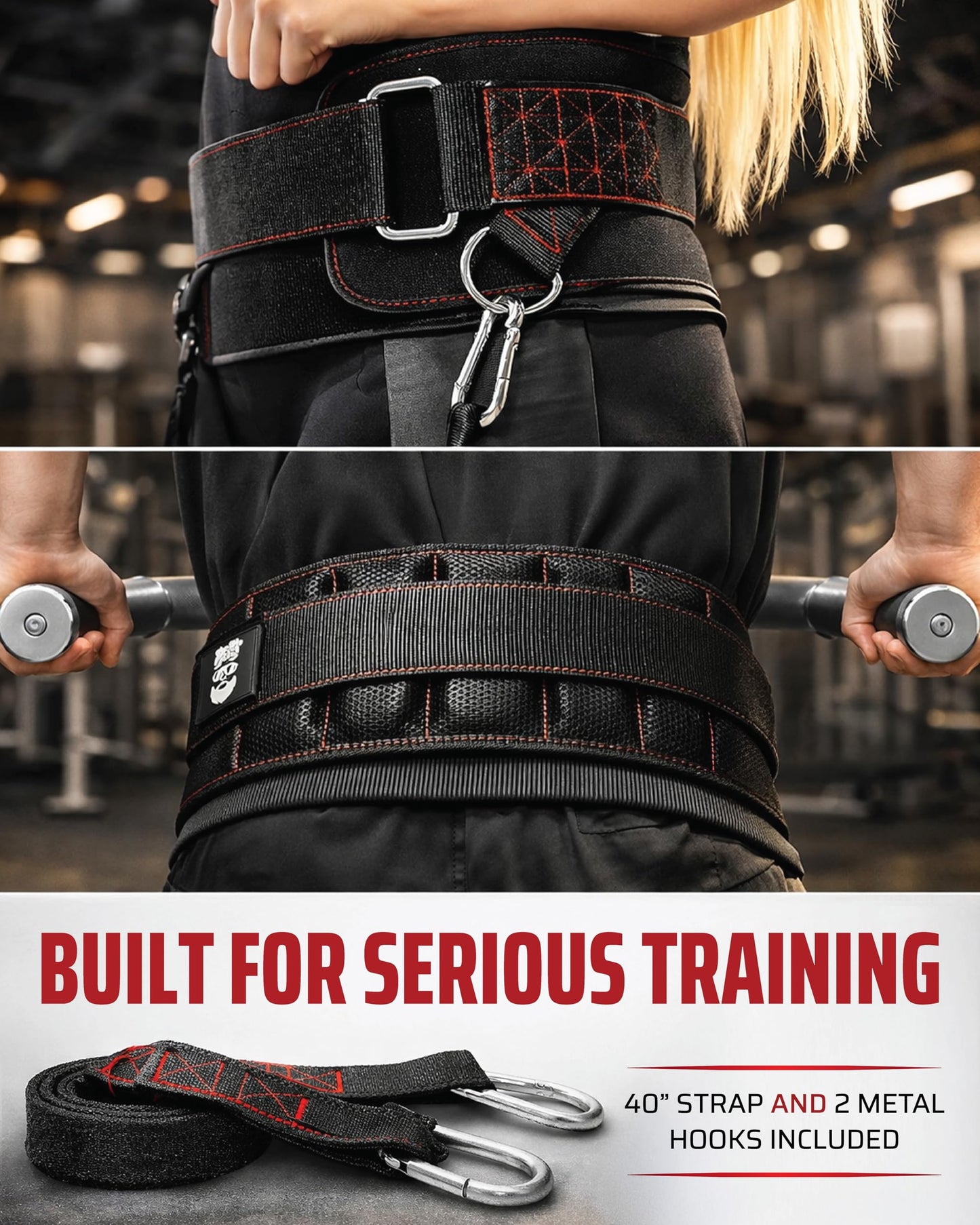 THEFITGUY Dip Belt with Strap – No Slip Secure Closure | 250lb Heavy Duty | Belt Squat Attachment, Weighted Dips, Pull Ups | Structured Back Support | 45-Degree Angle Rings, 2 Snap Hooks Included