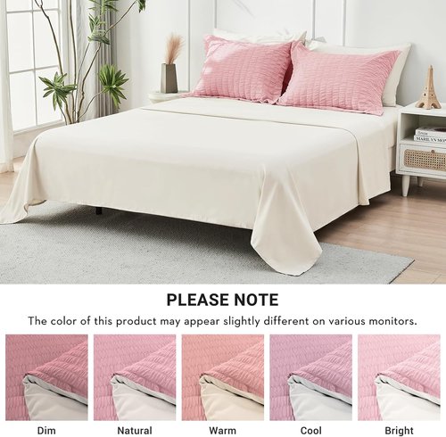 HYMOKEGE Queen Comforter Set - 7-Piece Seersucker Luxury Bedding in Pink/Ivory | All-Season Bed in a Bag