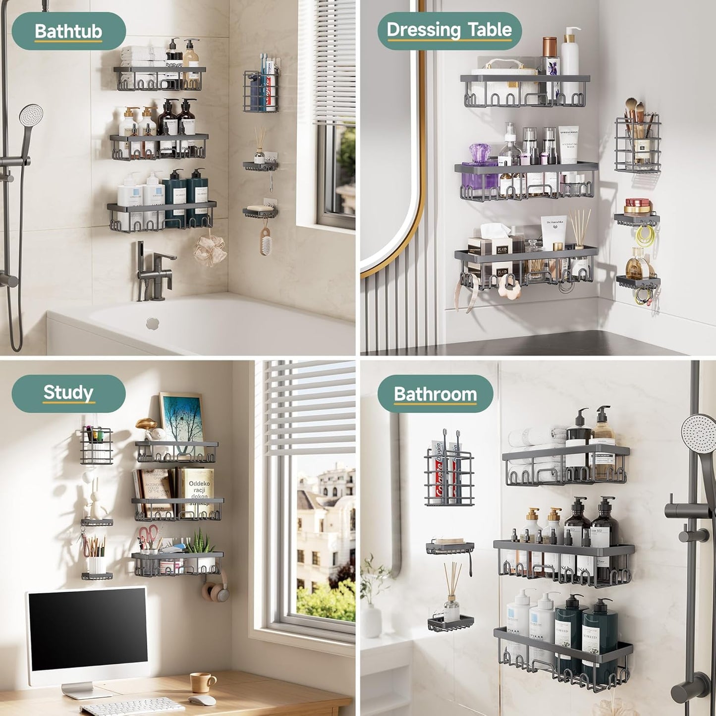 Veken Shower Caddy - Rustproof & Waterproof 6-Pack | No Drilling Adhesive Shelves, Large Capacity, Dark Grey
