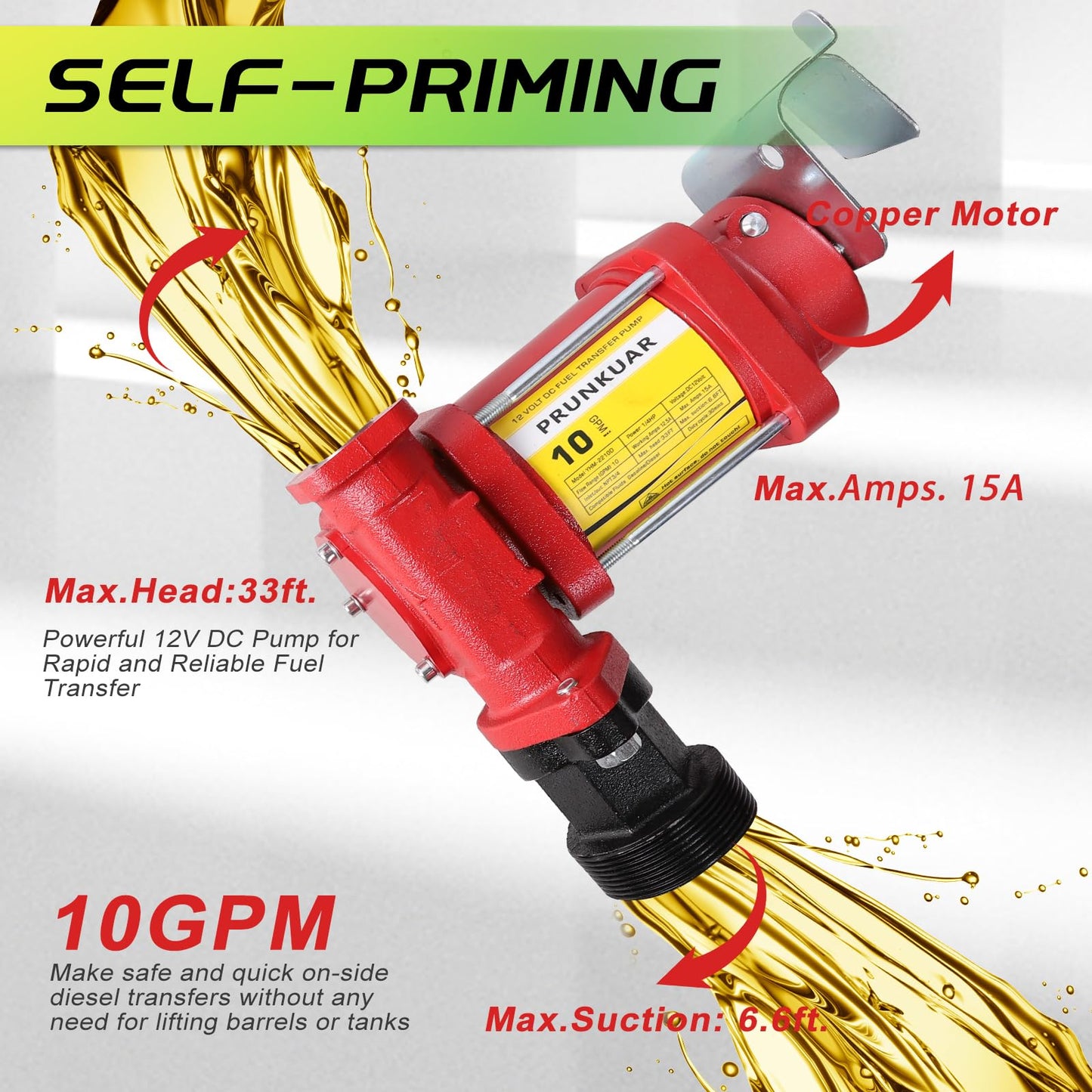 PRUNkuar 10GPM 12V Fuel Transfer Pump with Manual Nozzle, Particulate Filter，Cast Iron Heavy Duty for Gasoline Diesel Kerosene Biodiesel