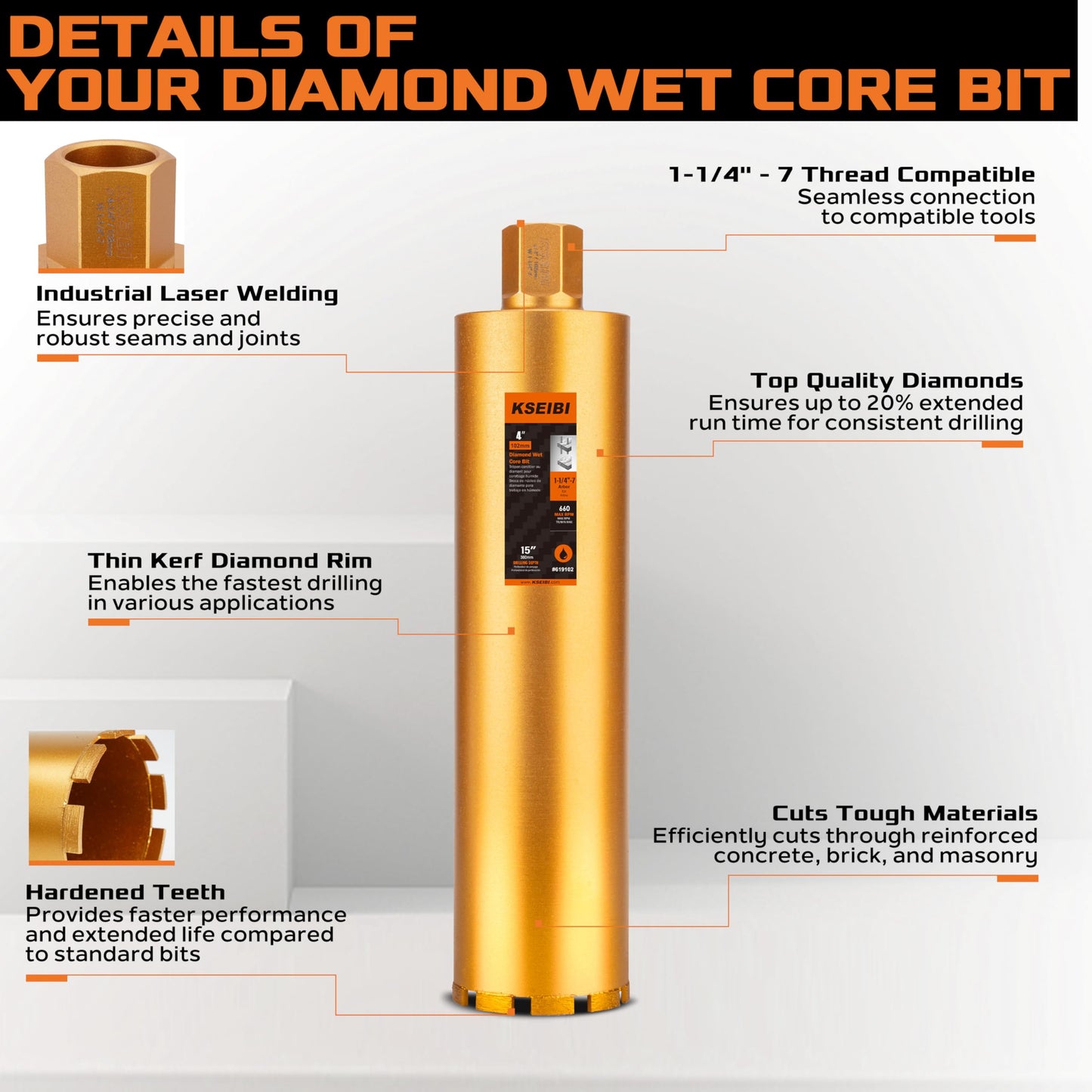 KSEIBI 619178 Wet Drill Core Bits 7" for Concrete, Marble, Granite, Brick, and Hard Masonry 16" Drilling Depth, 10mm Segment Height 1-1/4"-7 Arbor, Wet Only Hole Saw