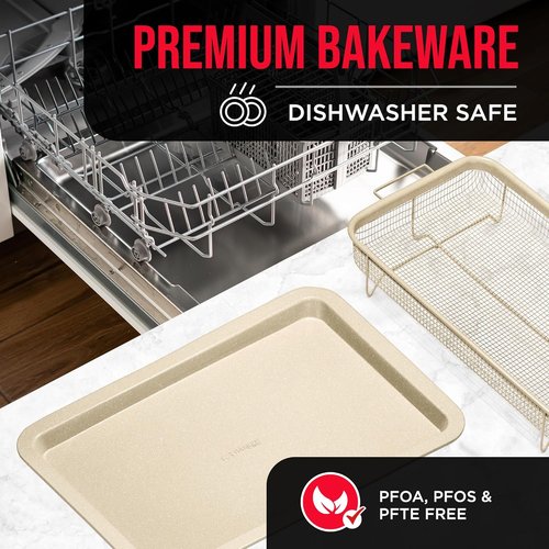 Bakken Swiss Crisper Tray - Non-Stick 2-Piece Set with White Marble Coating | Extra Large 19" x 13" for Healthier Cooking