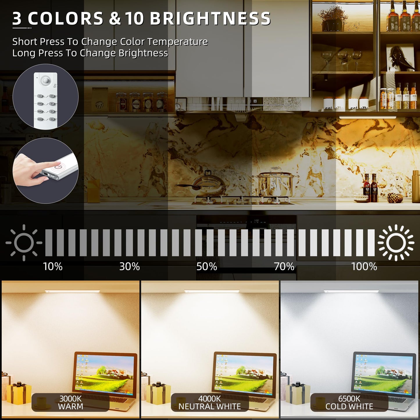MEKKLEON Under Cabinet Lighting Wireless, 66 LED Rechargeable Battery Operated Motion Sensor Light, 3 Color Closet Lights USB Charging, Dimmable Under Counter Lights with Remote for Kitchen (5, 40cm)
