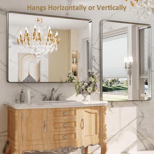 LOAAO Brushed Nickel Bathroom Mirror - 48x36 Inch Rounded Rectangle Design | Anti-Rust, Shatter-Proof, Versatile Hanging Options