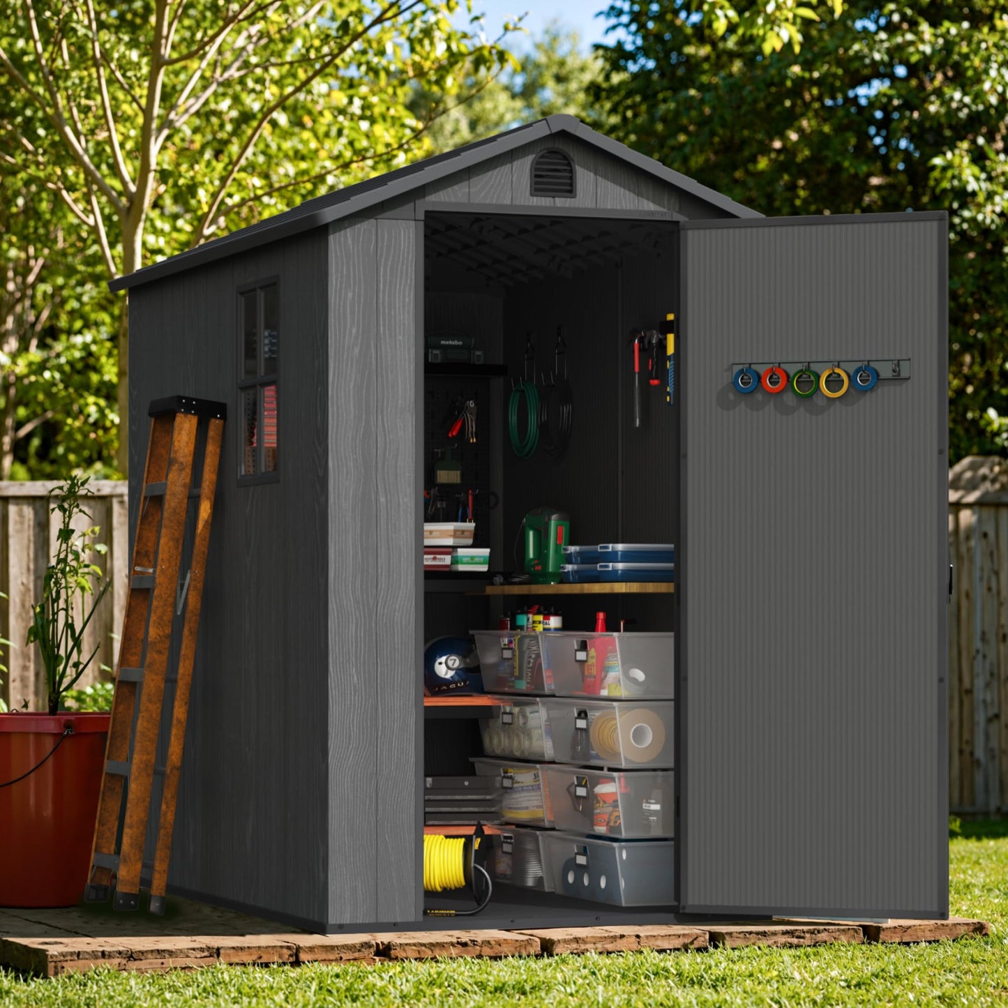 Greesum 4x6FT Plastic Storage Shed with Floor, Resin Outdoor Storaged Sheds with Lockable Door, All Weather Tool Shed with Window and Vent, Easy Assembly for Garden, Patio, Backyard, Dark Gray