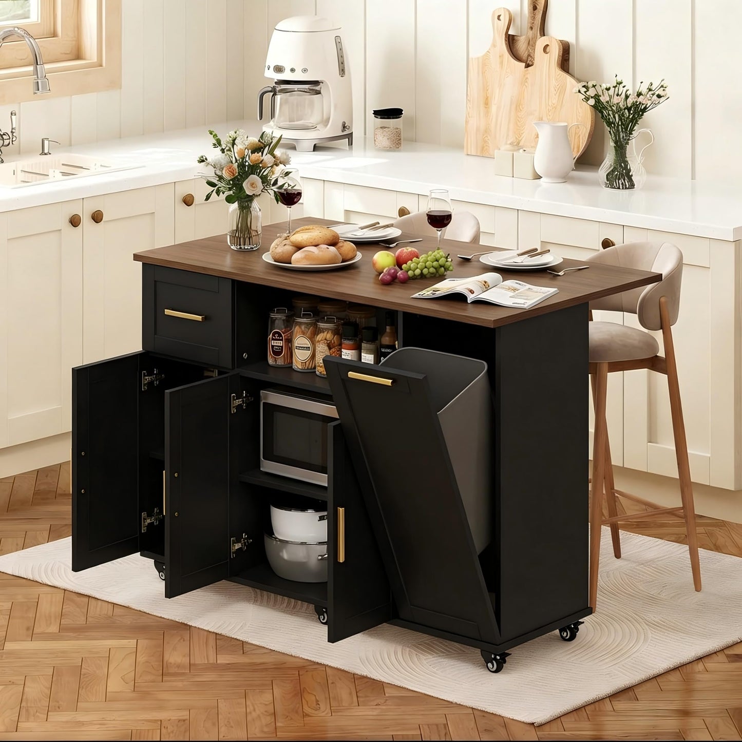 FFIQQ 59 Inch Large Mobile Kitchen Island Cart with Drop Leaf, 2 Cabinets, Drawer, Extra Counter Space & Trash Bin Storage, Rolling Portable Prep Table for Kitchen, Black, Particleboard