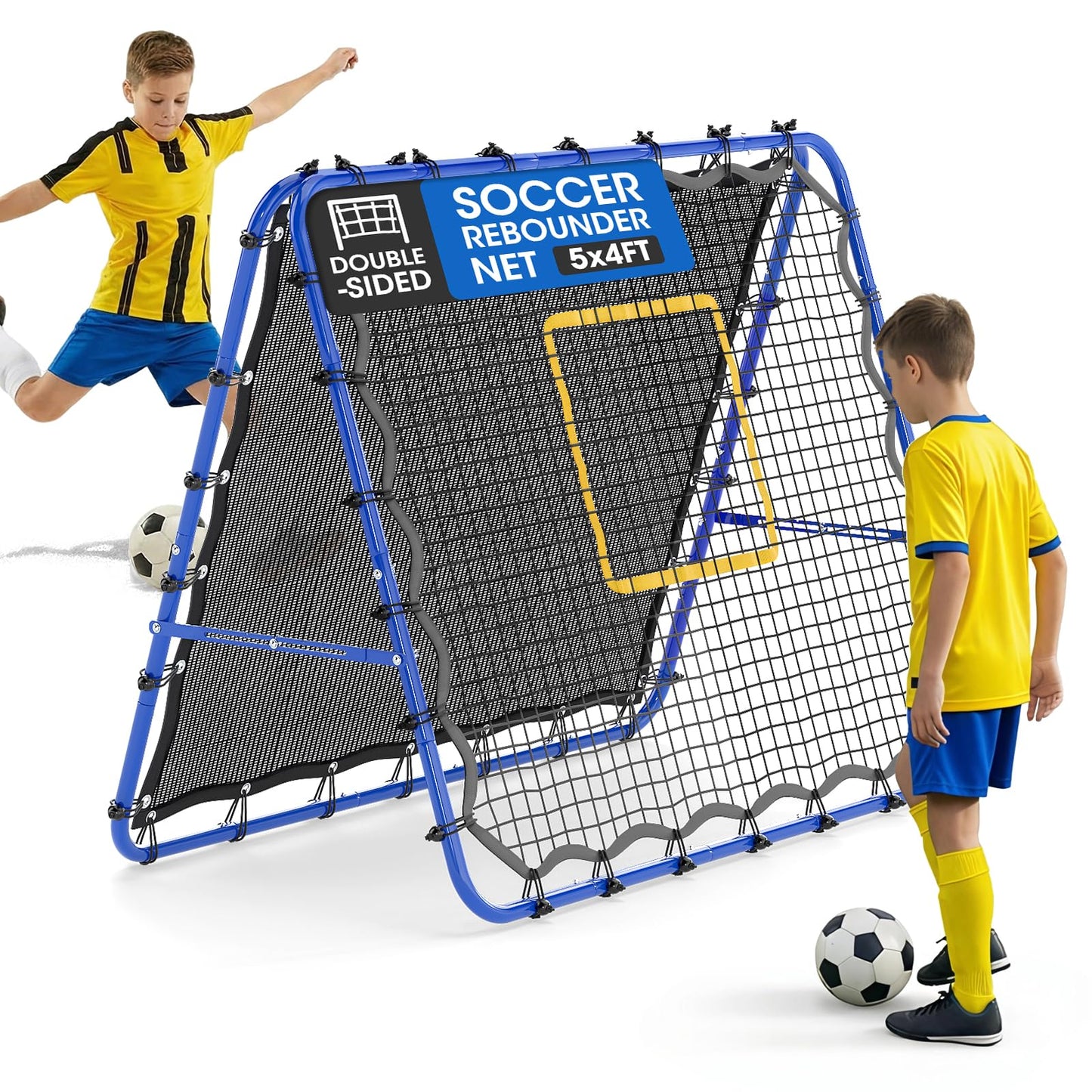 JIRTEMOT Soccer Rebounder Net, 2-Sided Football Trainer with Fast/Slow Rebound for Ball Control, Passing, Shooting, Portable Volleyball Practice Equipment for Youth & Adults, Easy Setup, 5FTx4FT