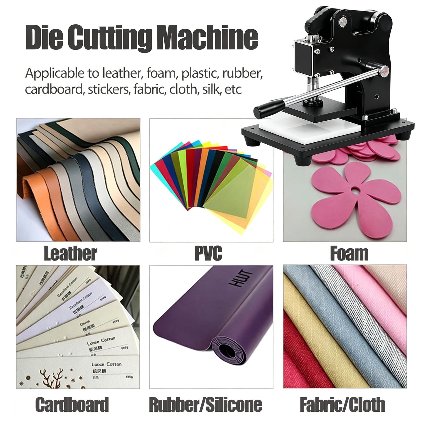 Leather Die Cutter Machine, 4.9”x3.5” Manual Leather Clicker Press Embossing Machine Heavy Duty Die Cutting Tool with 7X Round Dies for DIY Leathercrafts Fabric Rubber Plastic Cardboard