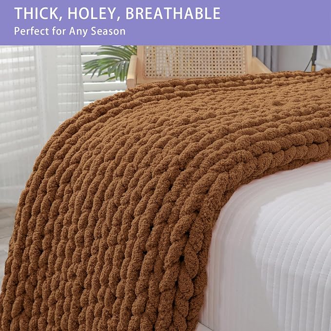 Bigacogo Chunky Knit Throw Blanket for Couch, 51x63 inches, 100% Hand Knitted with Thick Jumbo Chenille Yarn, Cozy Soft Large Rope Knot Cable Crochet Blankets for Sofa Bed Living Room, Caramel