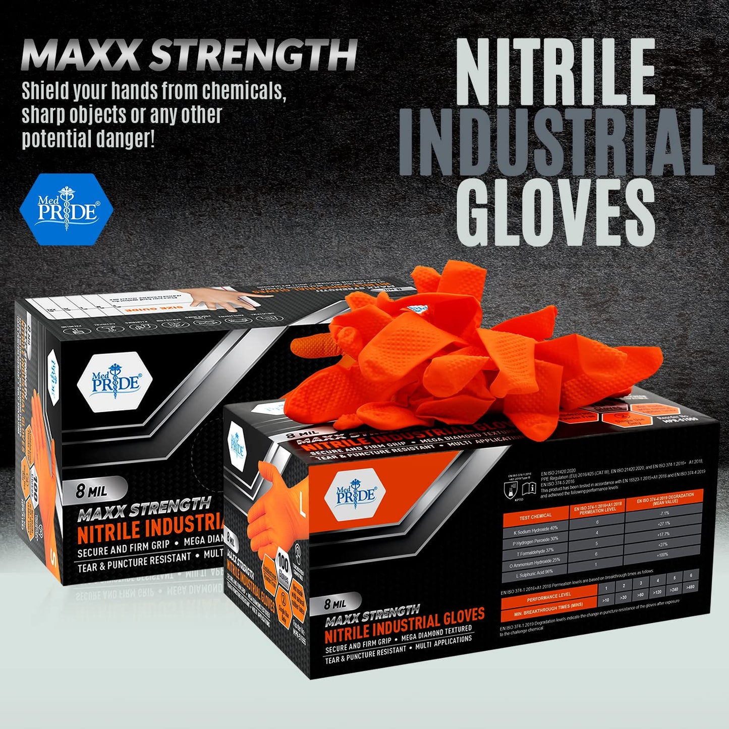 MED PRIDE Maxx Strength Nitrile Industrial 8 Mil Thick 1000 Gloves/X-Large - Diamond Texture Disposable Safety- Heavy-Duty, Tear-Resistant Mechanic Automotive Food Handling Gloves- Orange