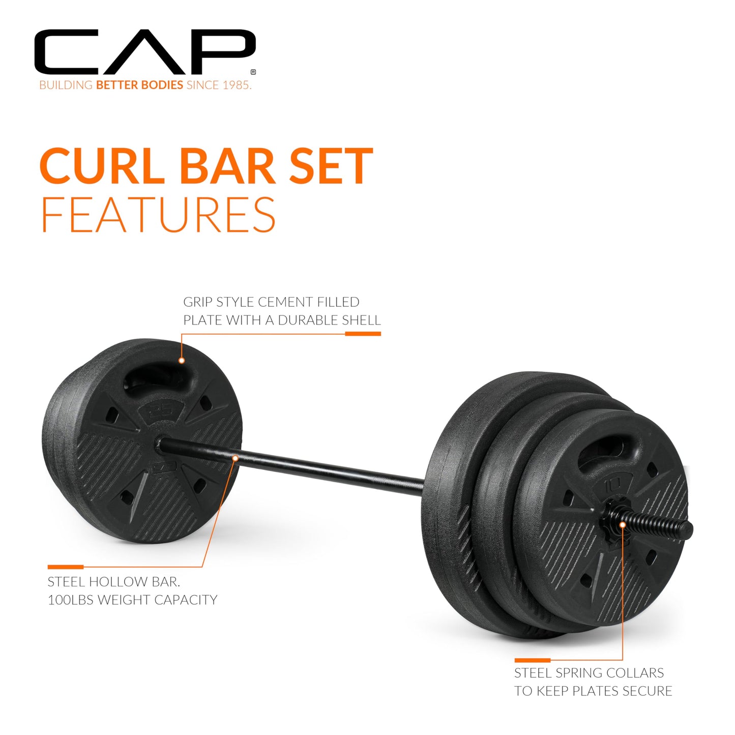 CAP Threaded Barbell Set with 100 LB Cement Grip Plates | 47" Threaded Bar, 25LB / 15LB / 10LB Grip Plates, Star Collars, Home Gym Weight Set for Strength Training