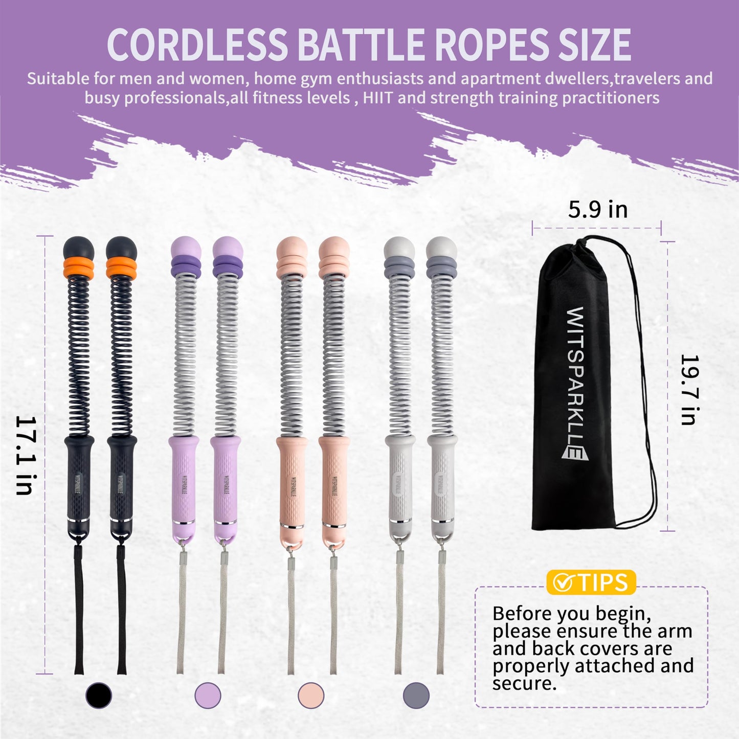 WITSPARKLLE Ropeless Battle Ropes, Adjustable Cordless Battle Ropes with Resistance Springs, Weighted Portable Workout Rope for Home Gym, Low-Impact HIIT Training Equipment for Men & Women (Purple)