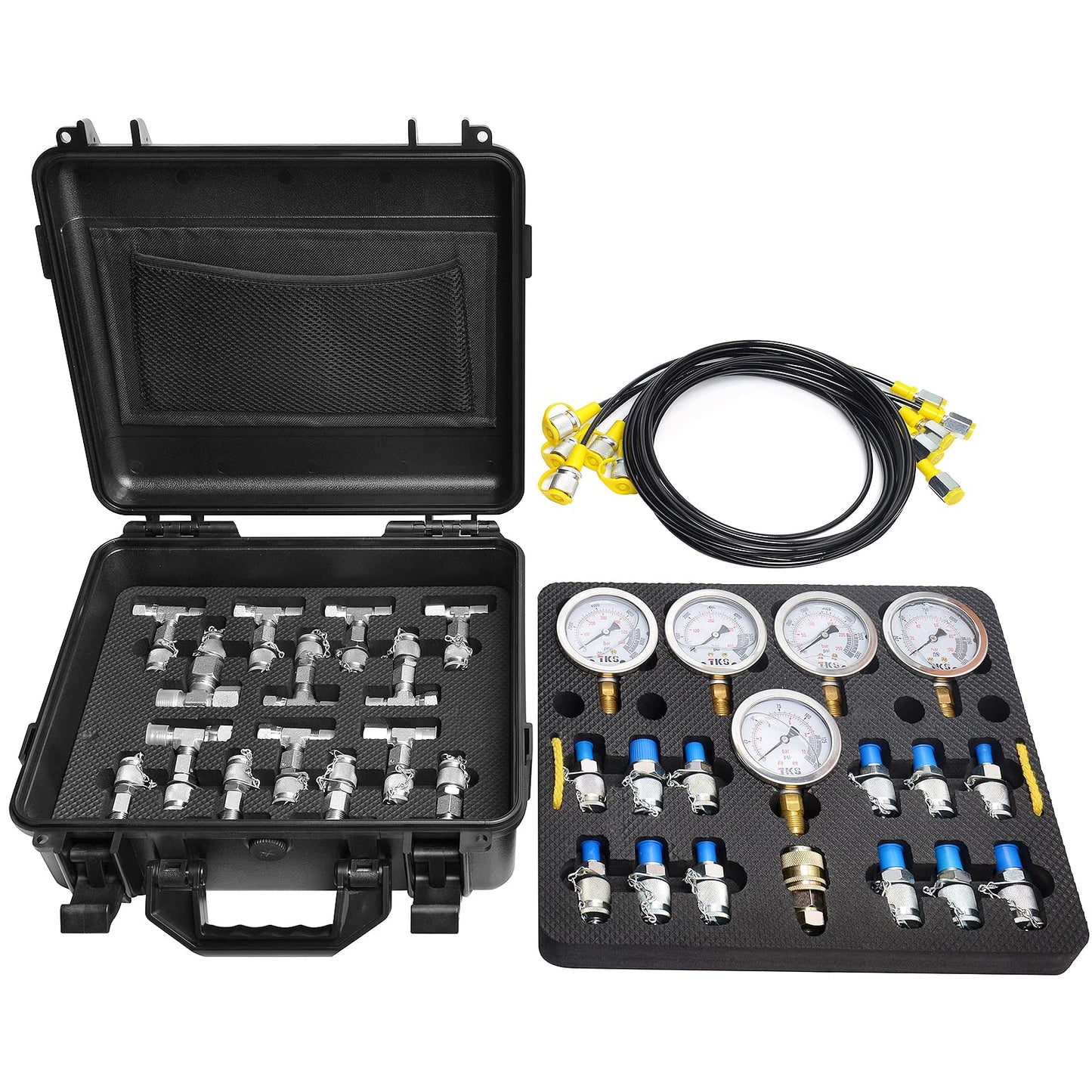 YFIXTOOL Hydraulic Pressure Test Kit with 5 Gauges (150/1500/3500/6000/9000 PSI) & 14 Tee Connectors, Hydraulic Pressure Gauge Set with 5 Test Hoses & 13 Couplings for Excavators.