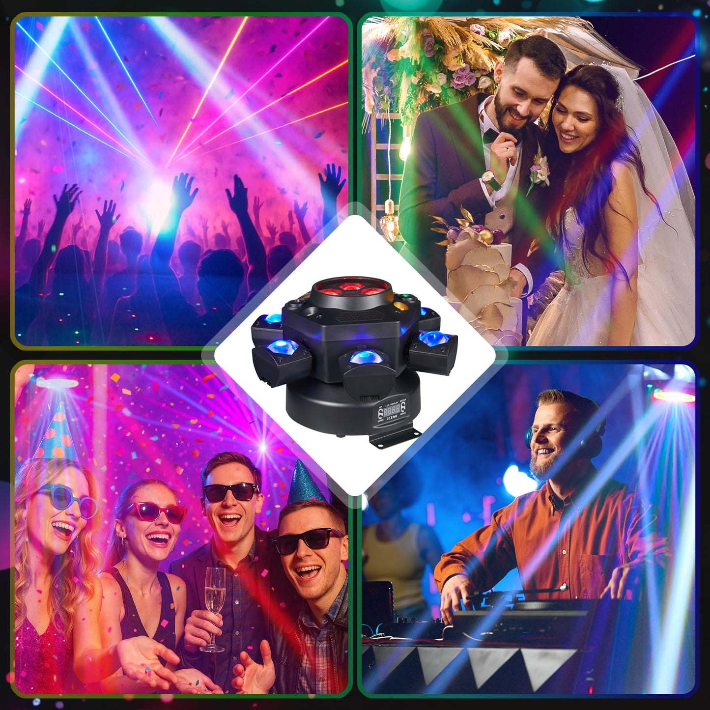 Flashback Events 150W Moving Head DJ Light – 6-Arm Spider Beam & Bee-Eye Wash Hybrid + Red/Green Laser & Amber Strobe – DMX512 & Remote Control for Wedding Stage Party Lighting