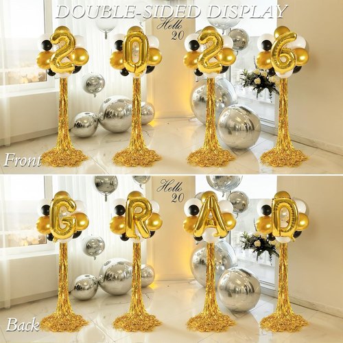 Graduation Balloon Columns Kit by 2026 - Set of 4 Stands with Gold Fringe Curtain for Party Backdrop