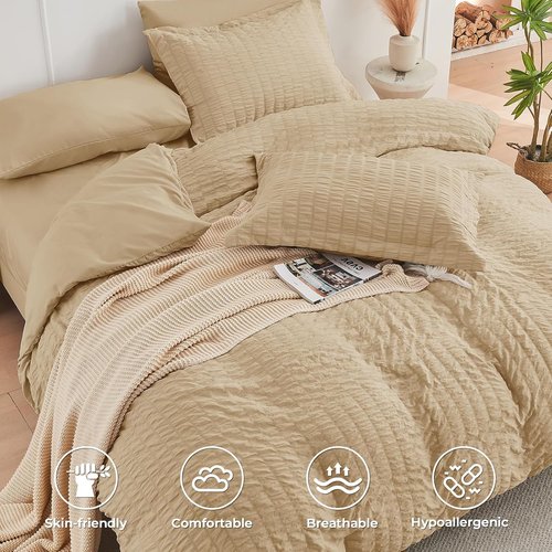 HYMOKEGE Twin Comforter Set - All Season Luxury 5-Piece Bedding in Khaki | Seersucker Design